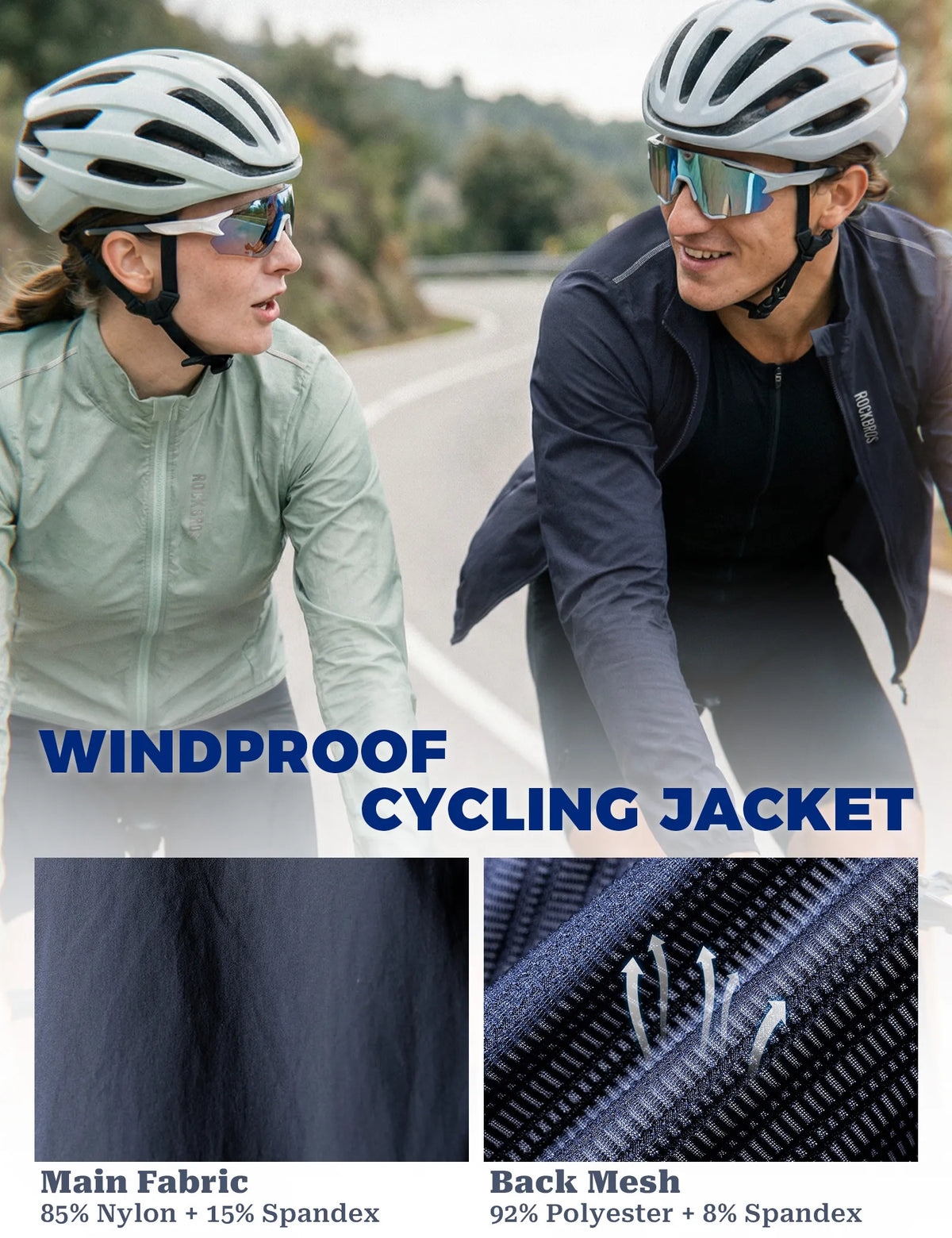 ROCKBROS lightweight windproof cycling jacket with breathable mesh back.
#colour_navy
