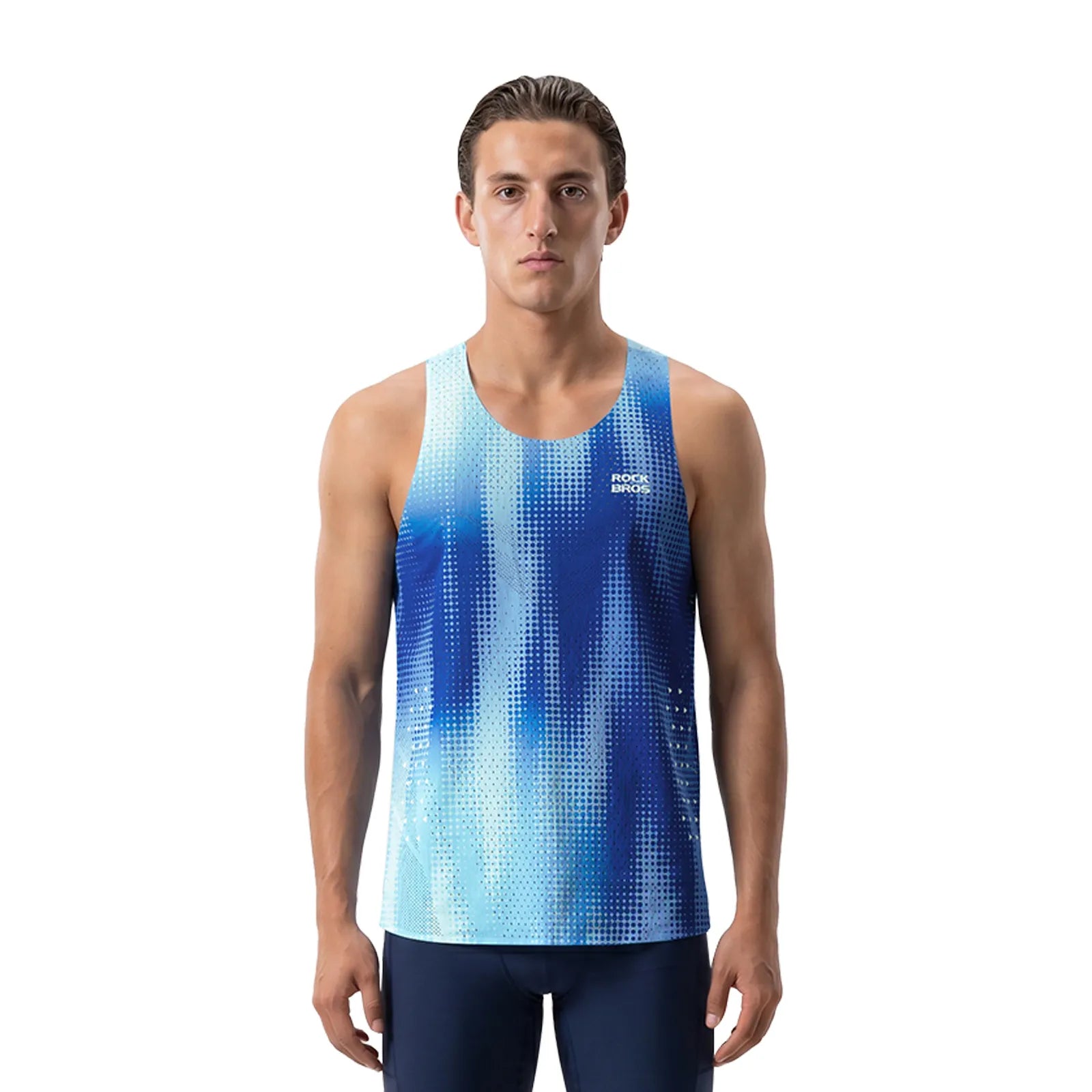 ROCKBROS men's lightweight running singlet in black, breathable quick-dry fabric for race training.
#color_white blue