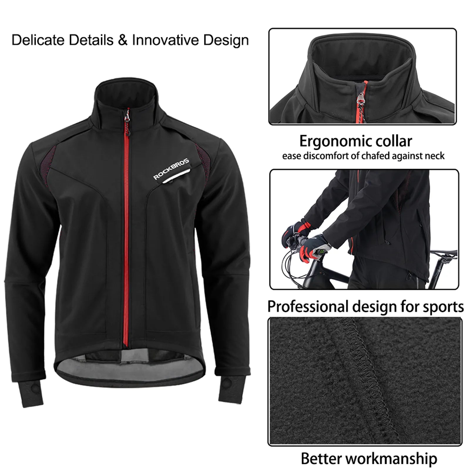 Rockbros men's thermal softshell cycling jacket in black, 3-layer winter protection windproof bike jacket front view