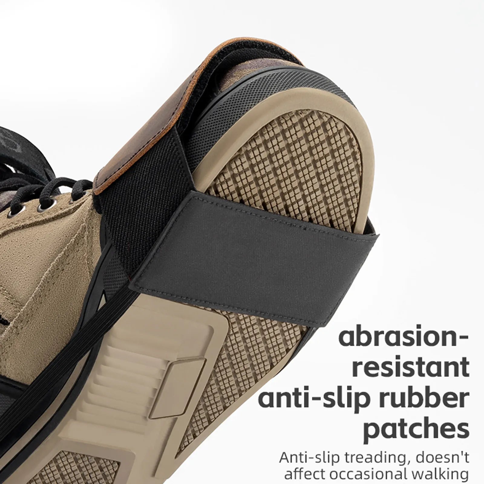 ROCKBROS motorcycle shoe guard strapped onto a riding boot for gear shifting
