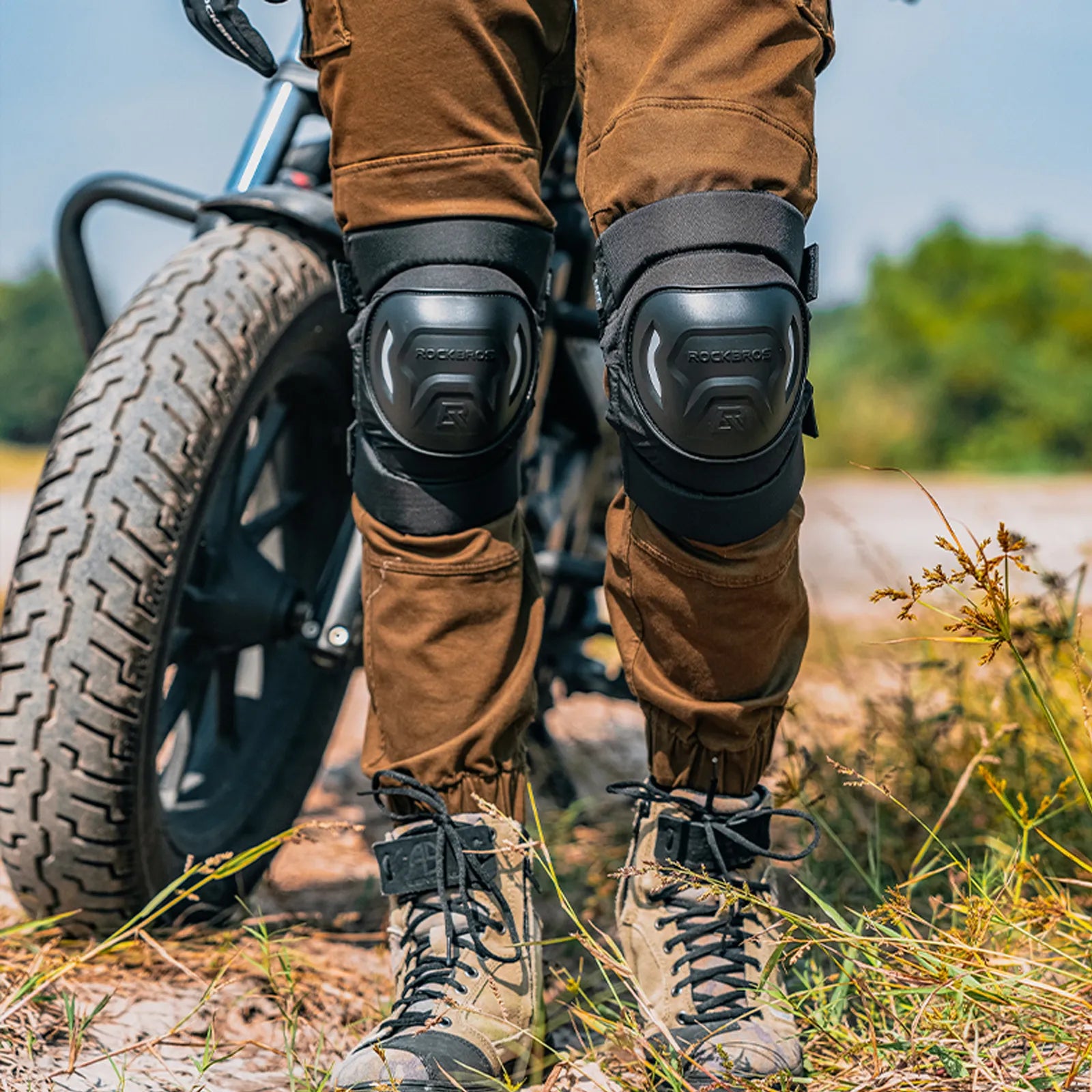 ROCKBROS motorcycle knee guards with breathable impact protection for riding
