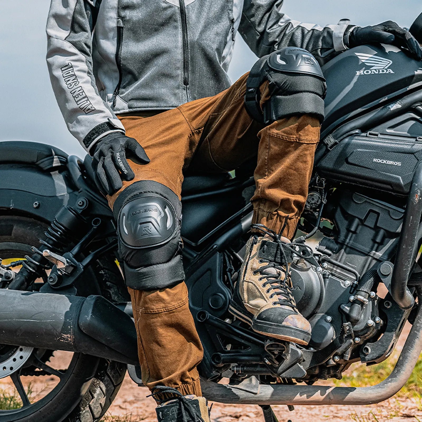 ROCKBROS motorcycle knee guards with breathable impact protection for riding
