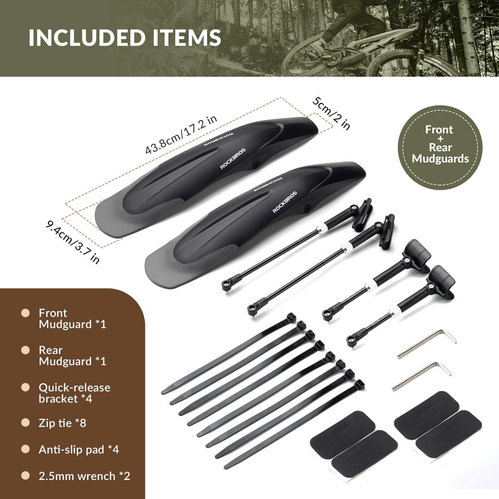 ROCKBROS Mountain Bike Mudguards Set, Adjustable Front and Rear Fenders for 26-29 inch MTB
#options_Front & Rear Fenders
