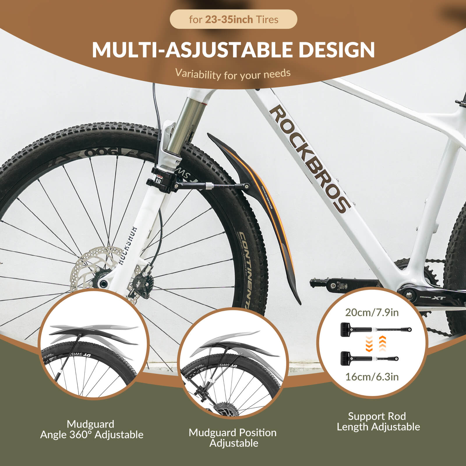 ROCKBROS Mountain Bike Mudguards Set, Adjustable Front and Rear Fenders for 26-29 inch MTB
#options_Front Fender