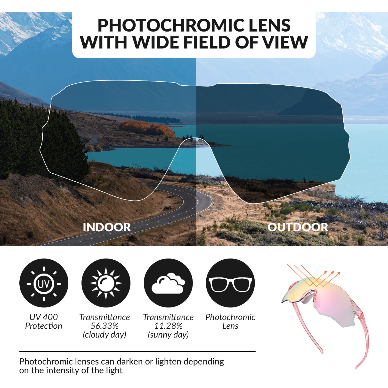 rockbros photochromic cycling glasses uv400 protection tr90 lightweight frame for outdoor riding
#color_Pink (photochromic)