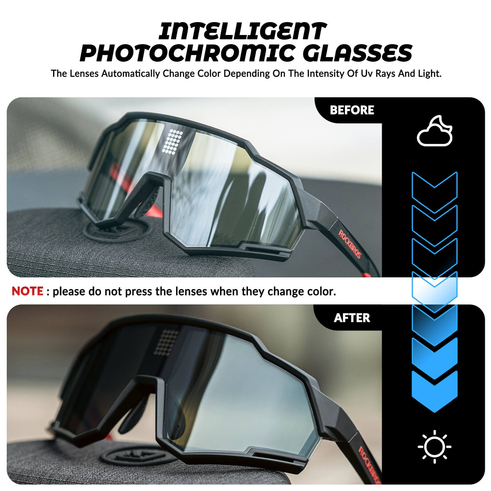 rockbros photochromic cycling sunglasses with clear lens for day and night riding.
