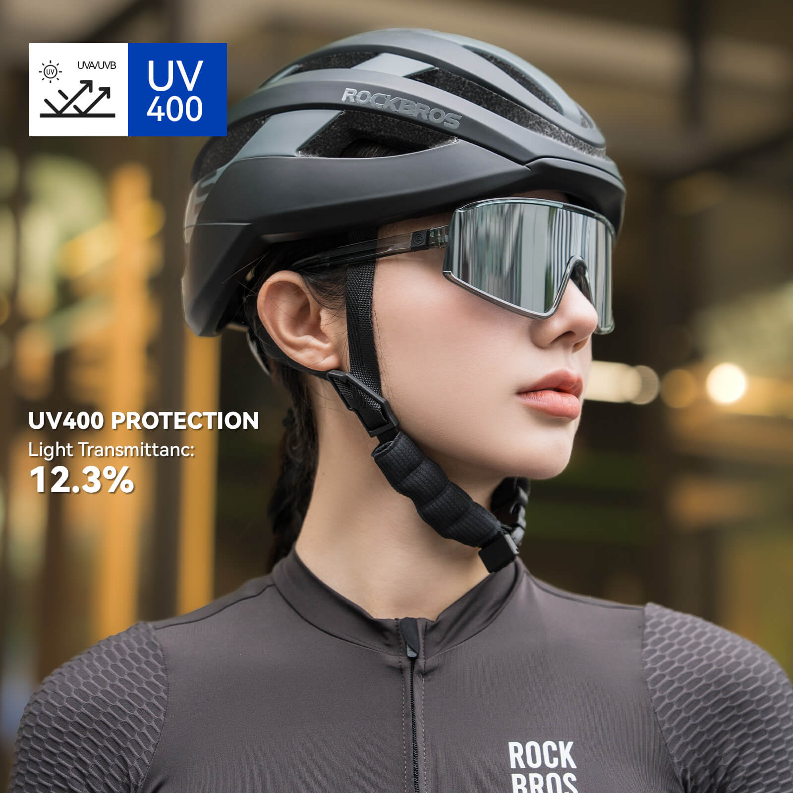 rockbros polarised uv400 cycling glasses worn while riding.
#color_grey