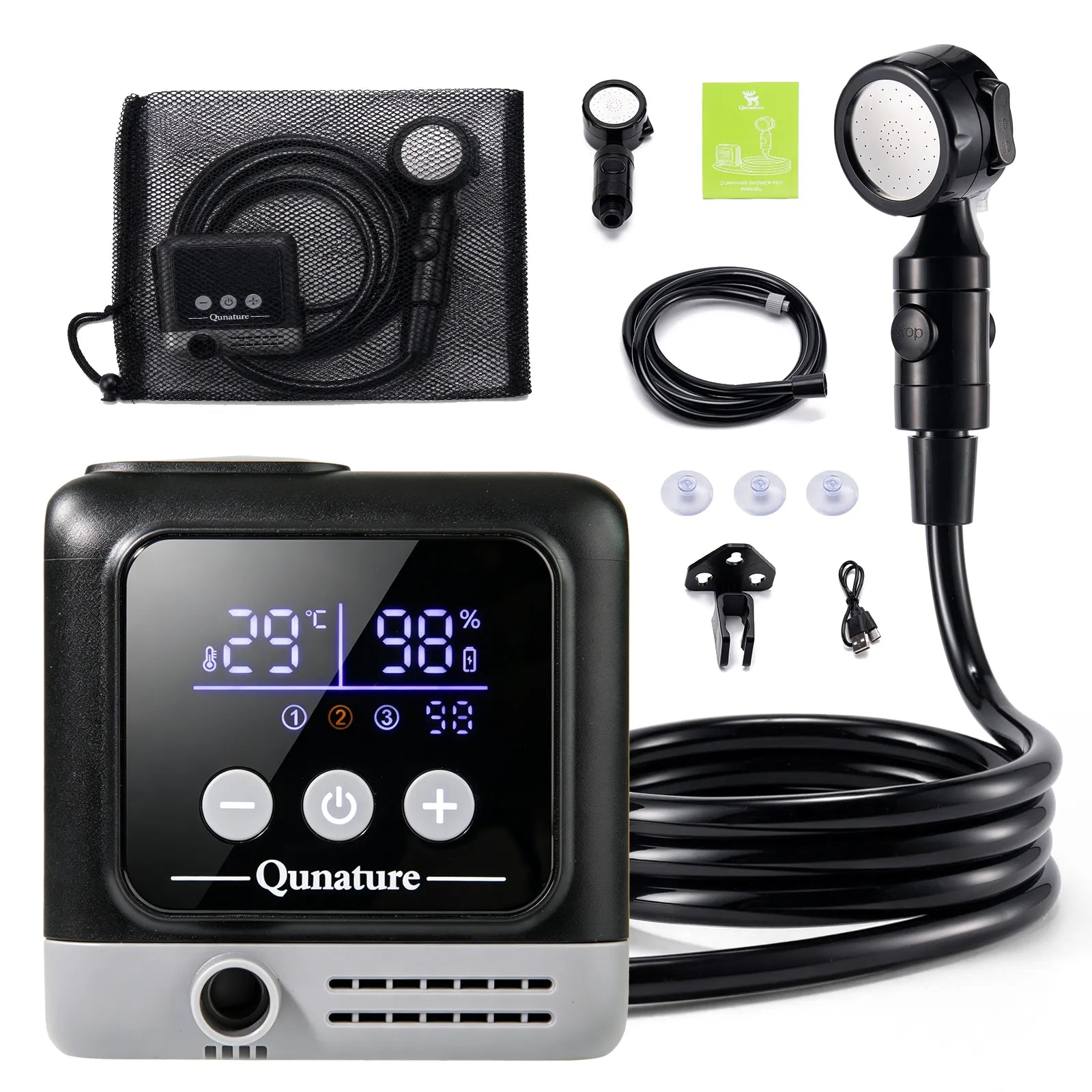 ROCKBROS portable camping shower pump with IPX8 waterproof rating, complete outdoor shower kit with pump, hose, and shower head.