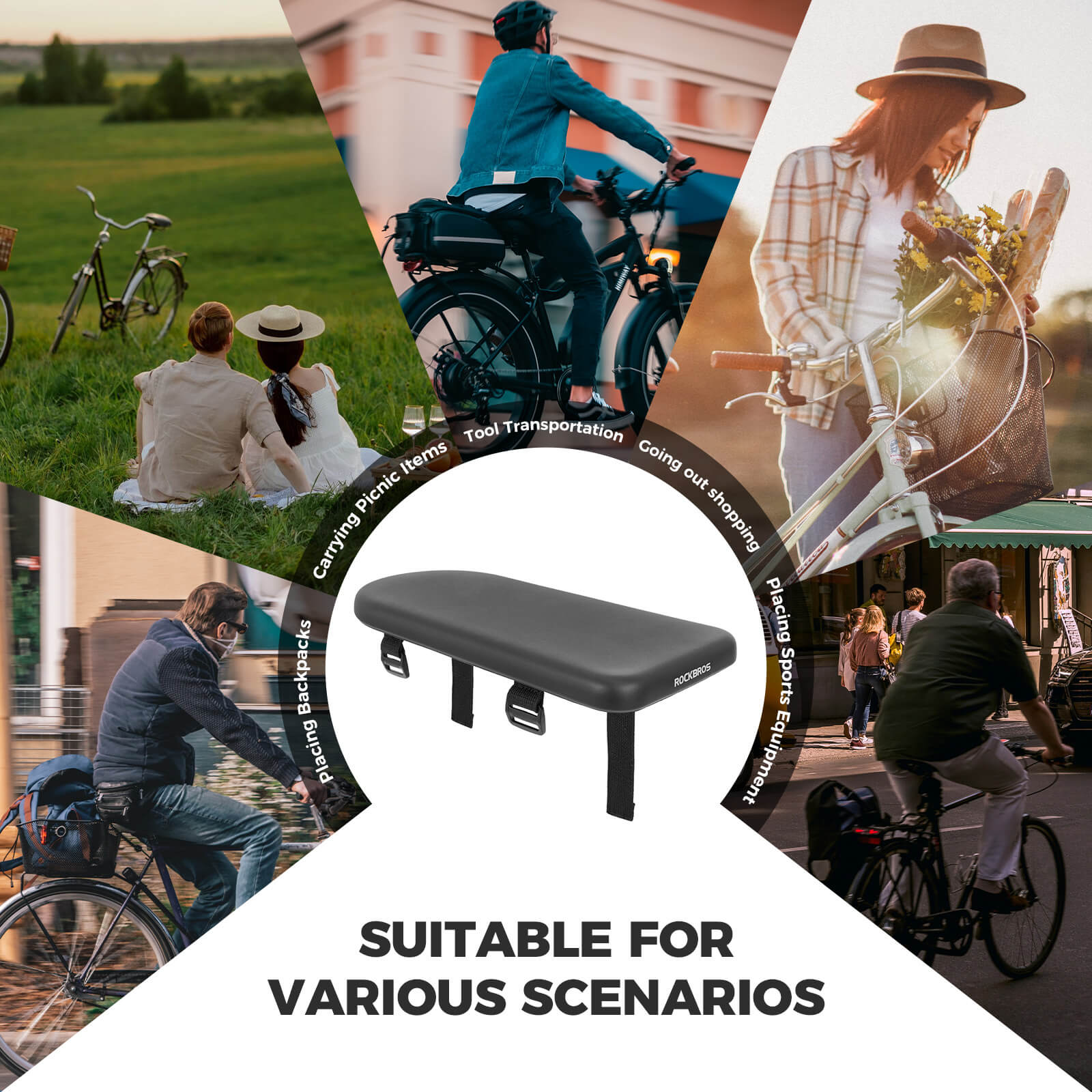 RockBros comfortable PU leather bike rear seat cushion for luggage racks, waterproof black padded bicycle passenger seat.