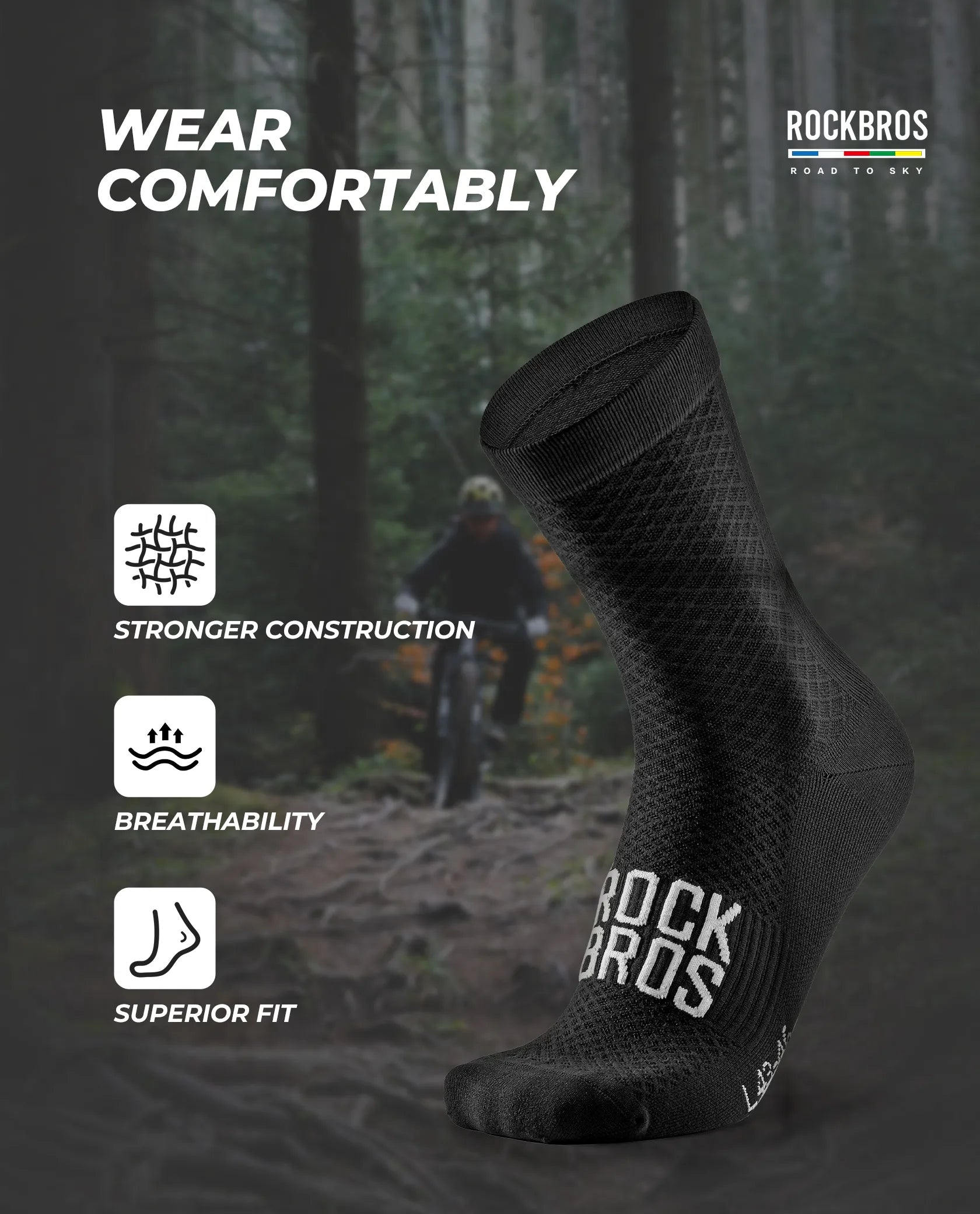 ROCKBROS Road to Sky series professional cycling socks with elastic rib cuff for men and women.
#color_black