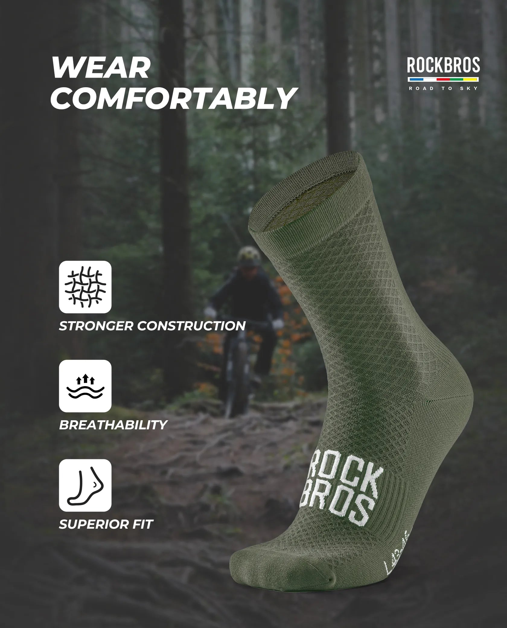 ROCKBROS Road to Sky series professional cycling socks with elastic rib cuff for men and women.
#color_green