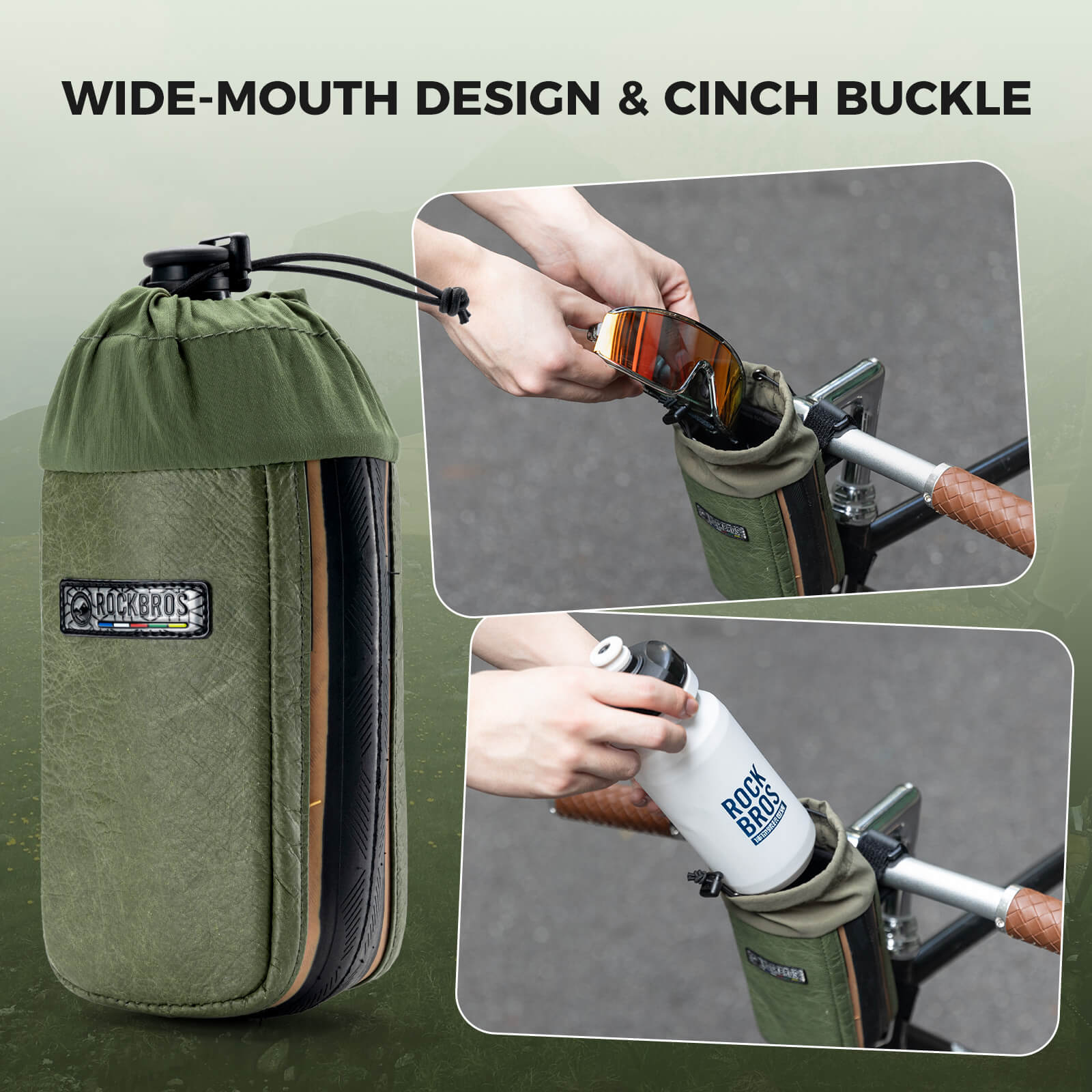 ROCKBROS ROAD TO SKY 0.8L Upcycled Tire Rubber Bike Bottle Bag, Eco-Friendly & Scuff-Proof Handlebar Pouch for MTB & Road Cycling.