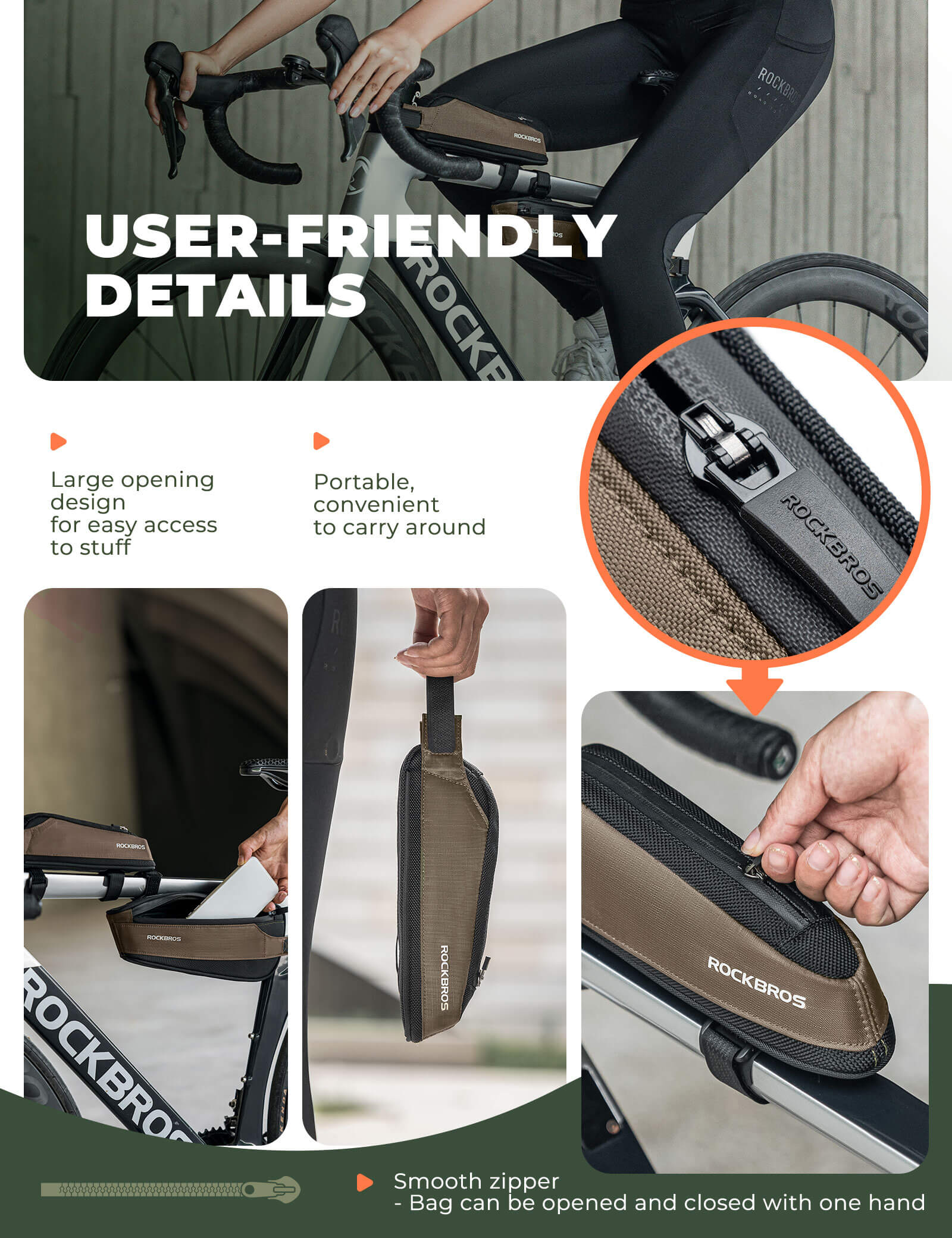 ROCKBROS durable nylon bike frame bag for road and commuter cycling.
#color_brown