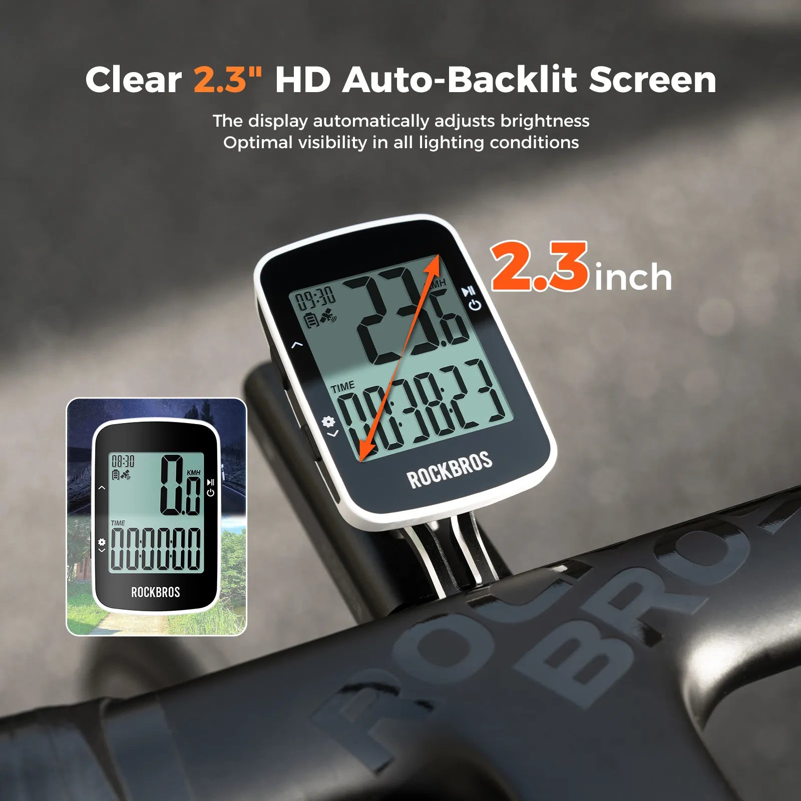 ROCKBROS cycling computer displaying multi-ride data and Bluetooth sync feature