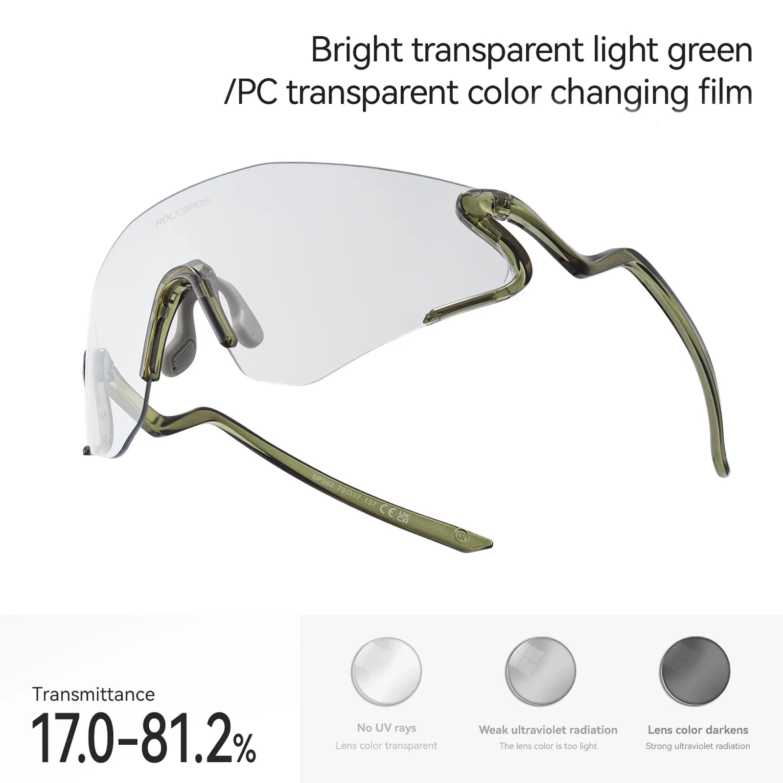 ROCKBROS SnakeLine Photochromic Cycling Glasses with Myopia Frame and Clear-to-Smoke Lens.
#color_green