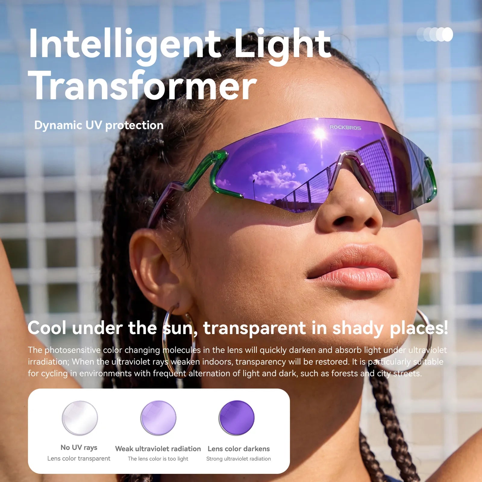 ROCKBROS SnakeLine Photochromic Cycling Glasses with Myopia Frame and Clear-to-Smoke Lens.
#color_green