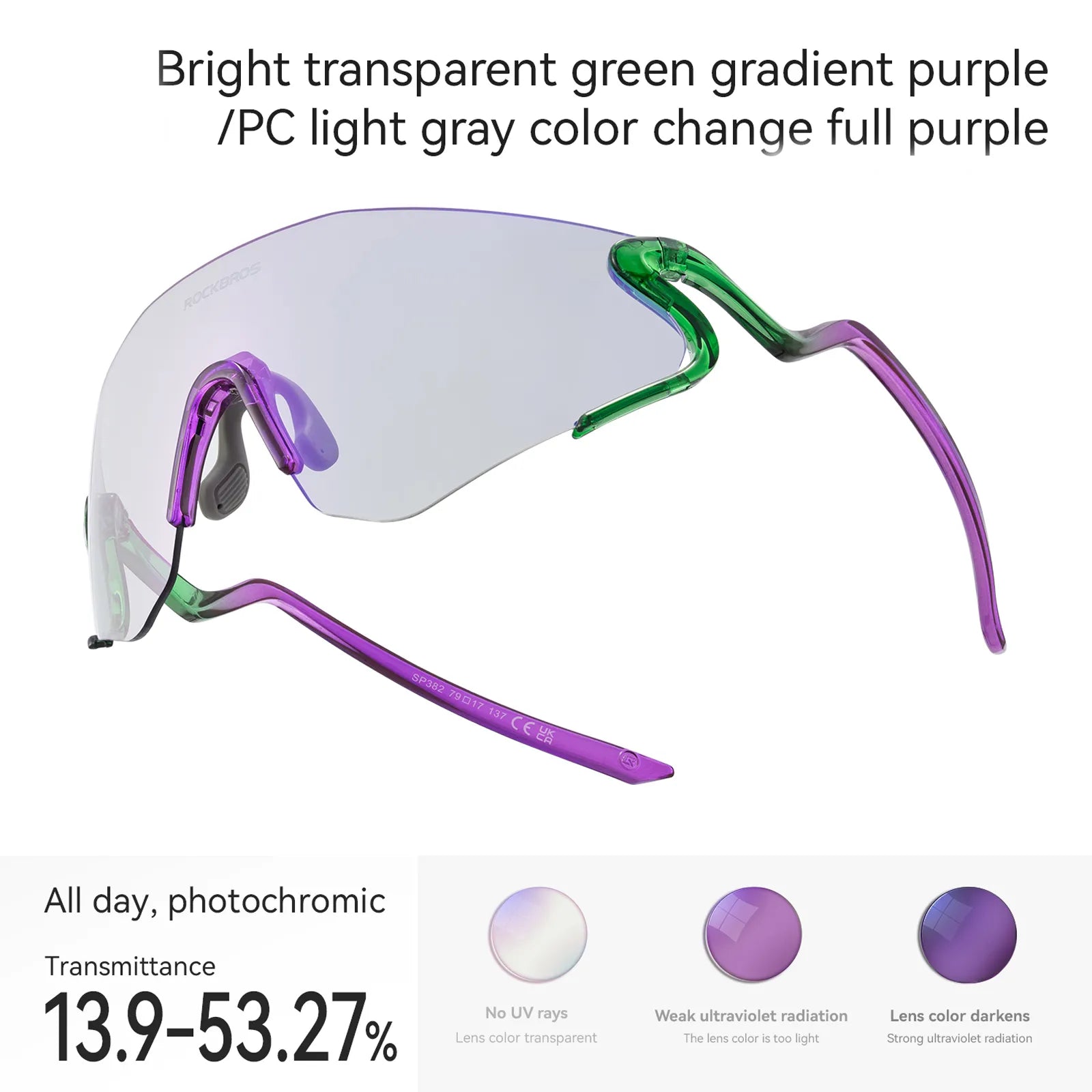 ROCKBROS SnakeLine Photochromic Cycling Glasses with Myopia Frame and Clear-to-Smoke Lens.
#color_purple