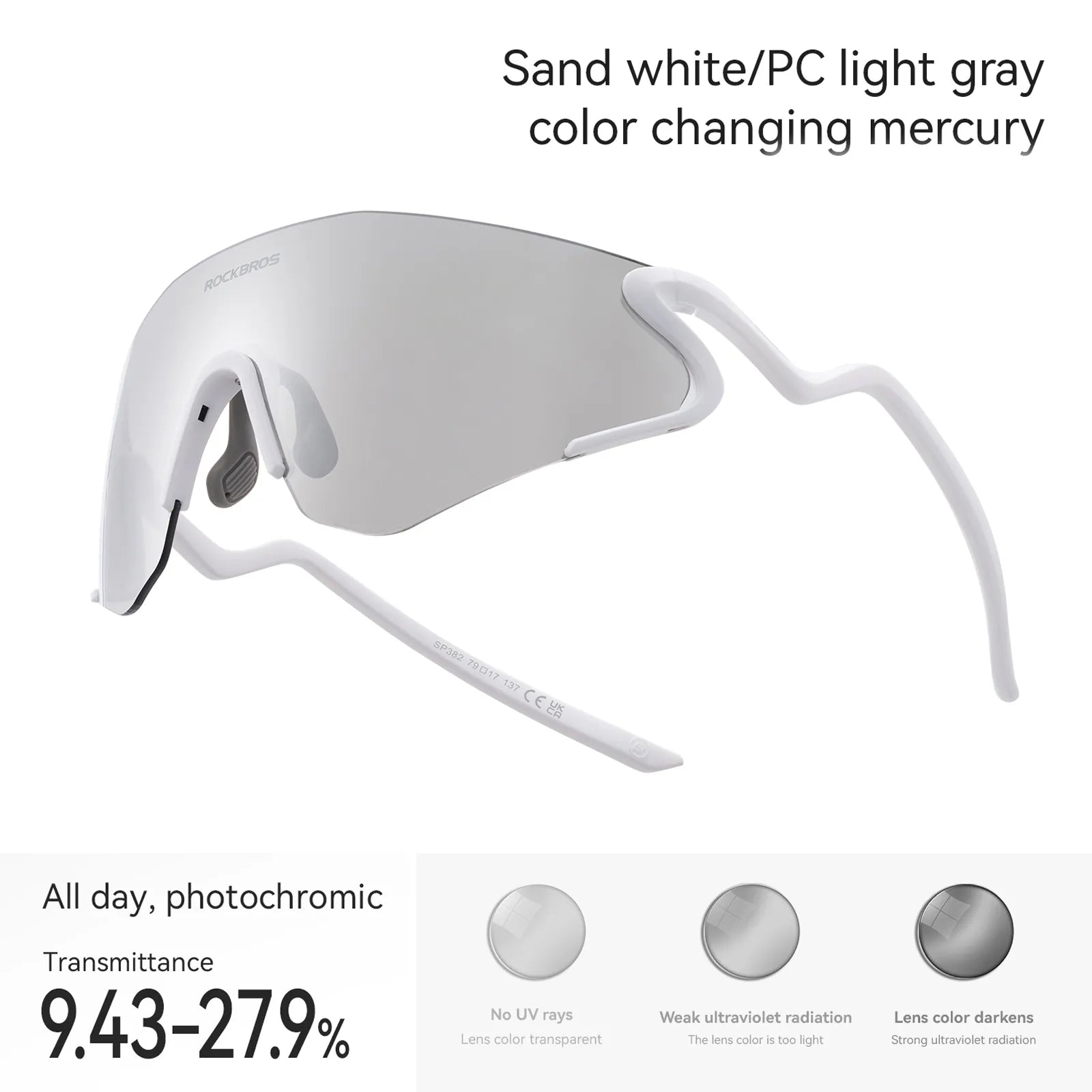ROCKBROS SnakeLine Photochromic Cycling Glasses with Myopia Frame and Clear-to-Smoke Lens.
#color_white