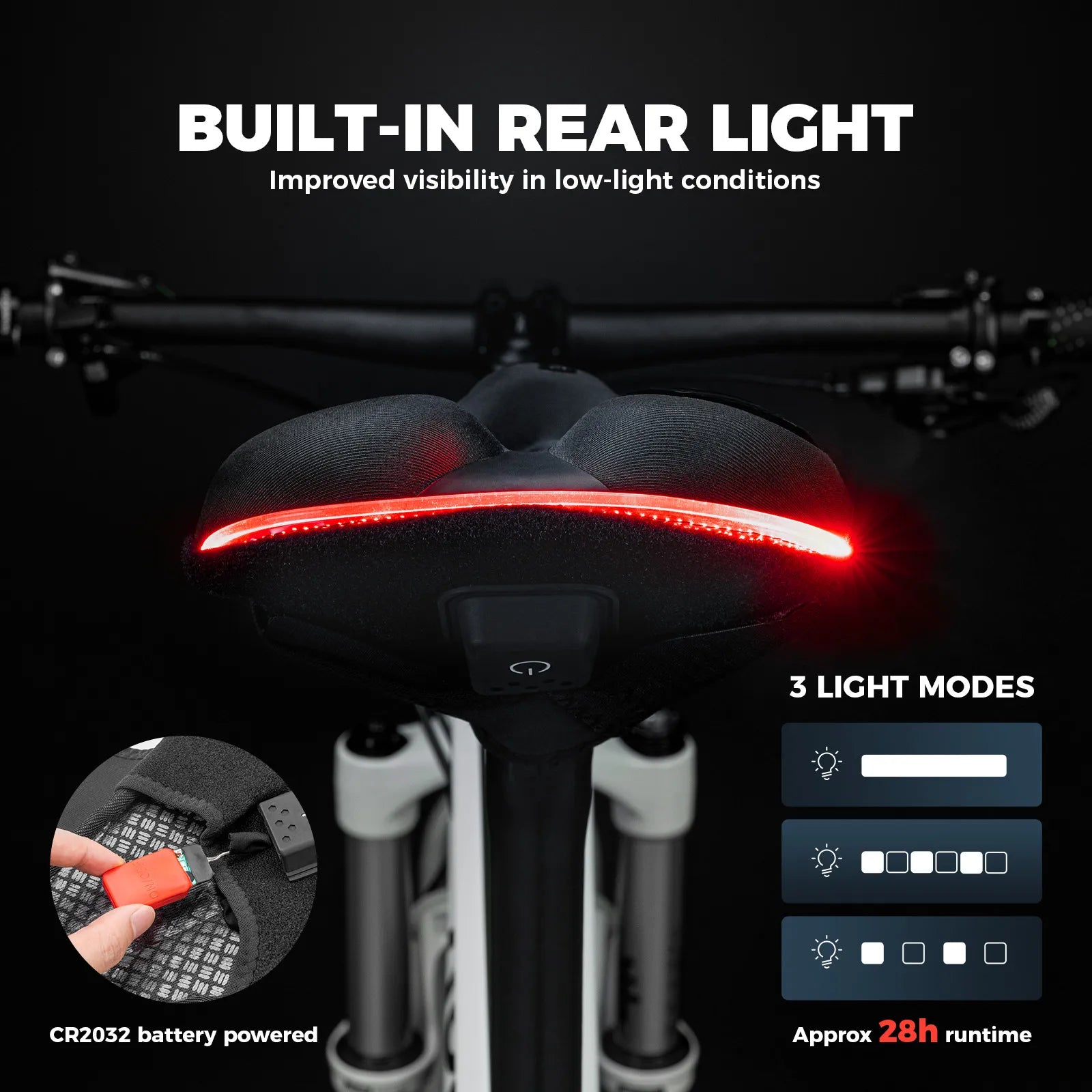 ROCKBROS soft bike saddle cover with built-in LED rear light for night riding comfort.
#options_with light