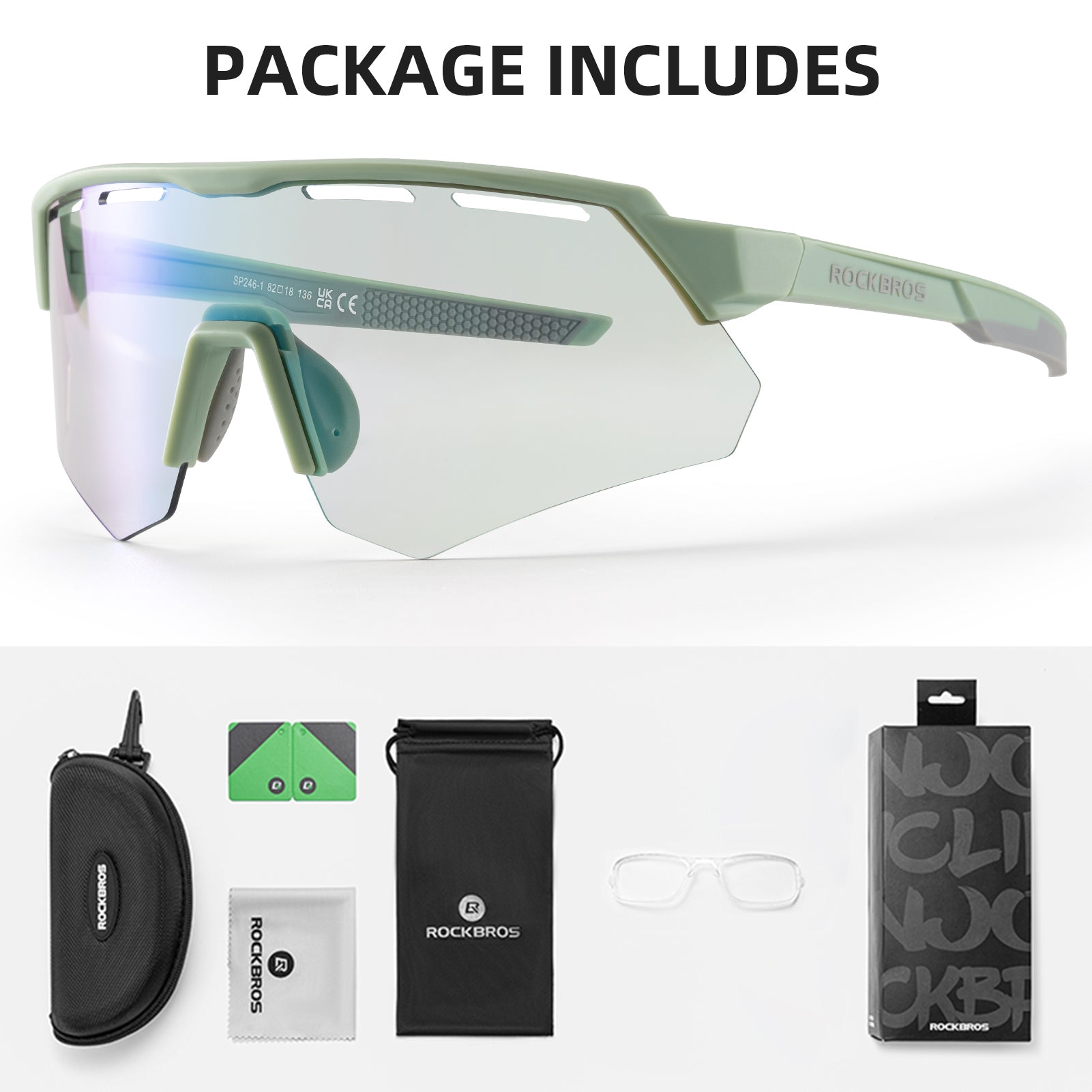 ROCKBROS SP246 oversized photochromic cycling sunglasses with 4 interchangeable lenses.
#color_light green
