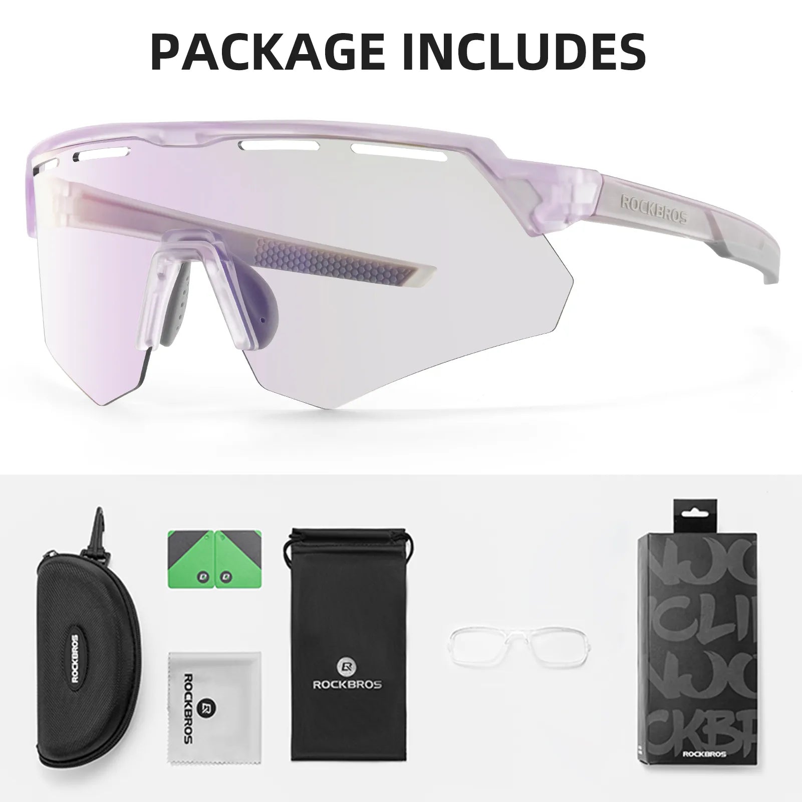 ROCKBROS SP246 oversized photochromic cycling sunglasses with 4 interchangeable lenses.
#color_pale violet