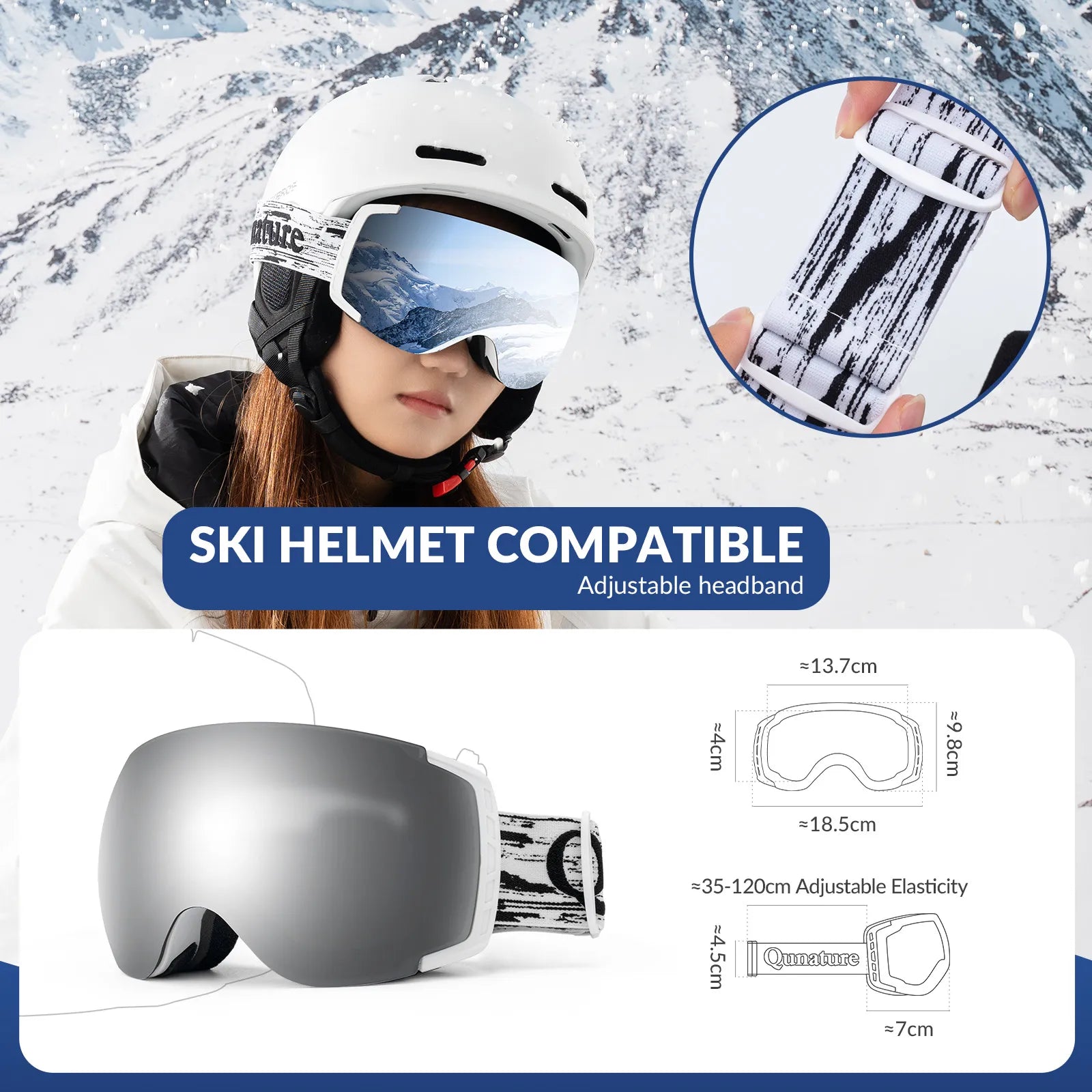 ROCKBROS unisex spherical ski goggles with double lens and anti-fog technology.
#color_white