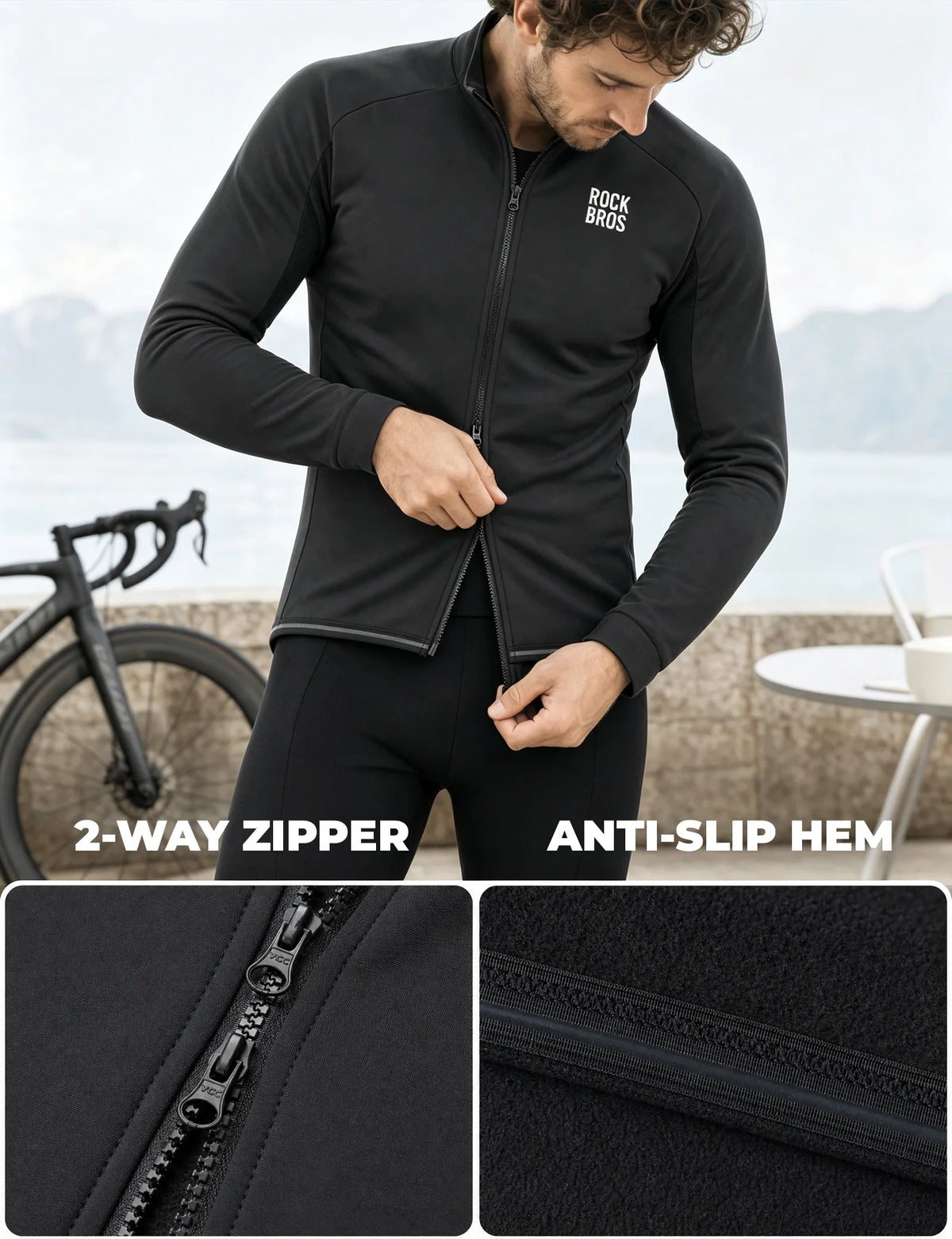 ROCKBROS lightweight fleece cycling jersey for cold-weather rides