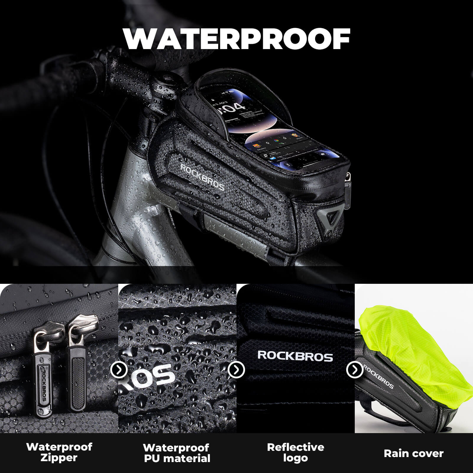 ROCKBROS top tube handlebar bag in use while riding.