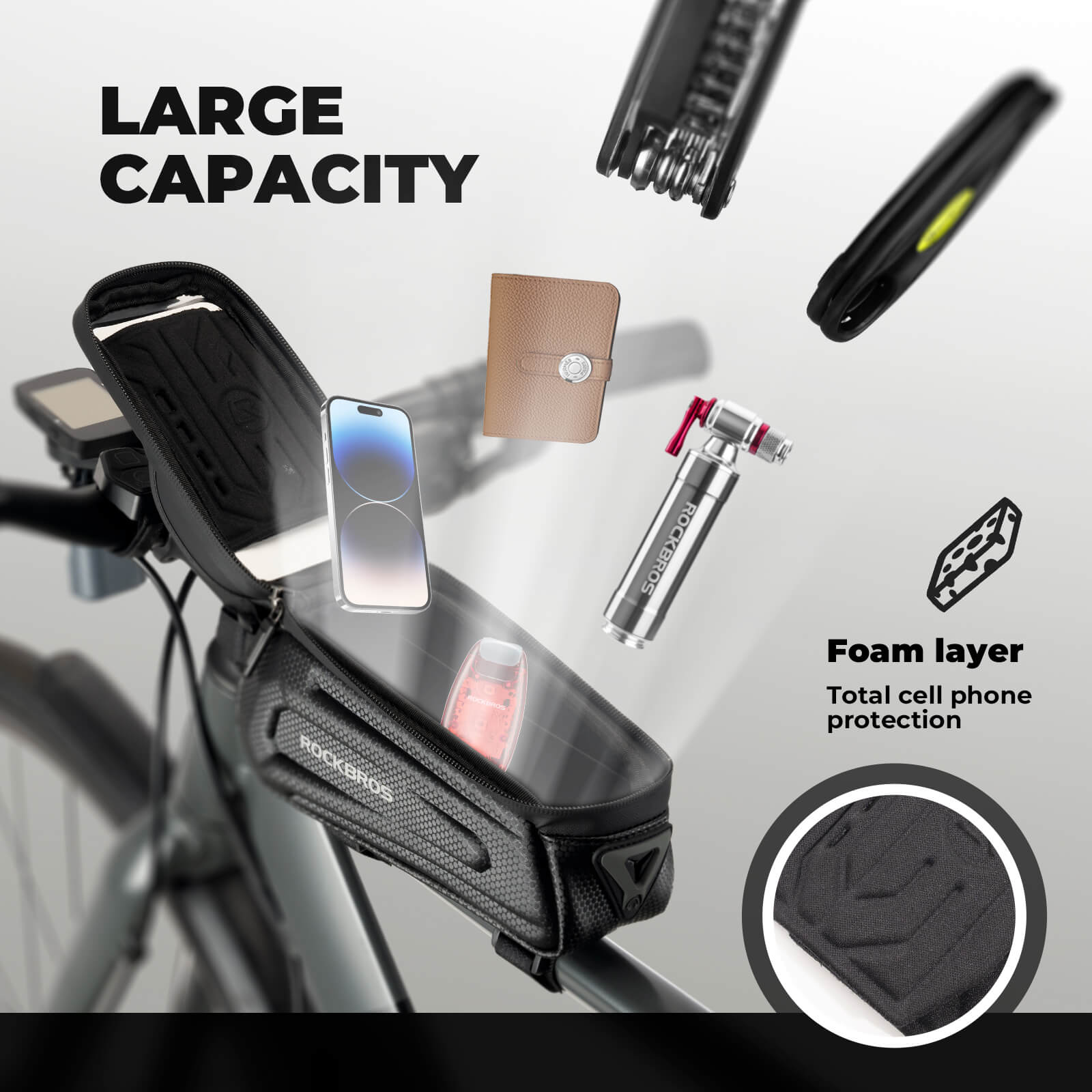 ROCKBROS top tube handlebar bag in use while riding.
