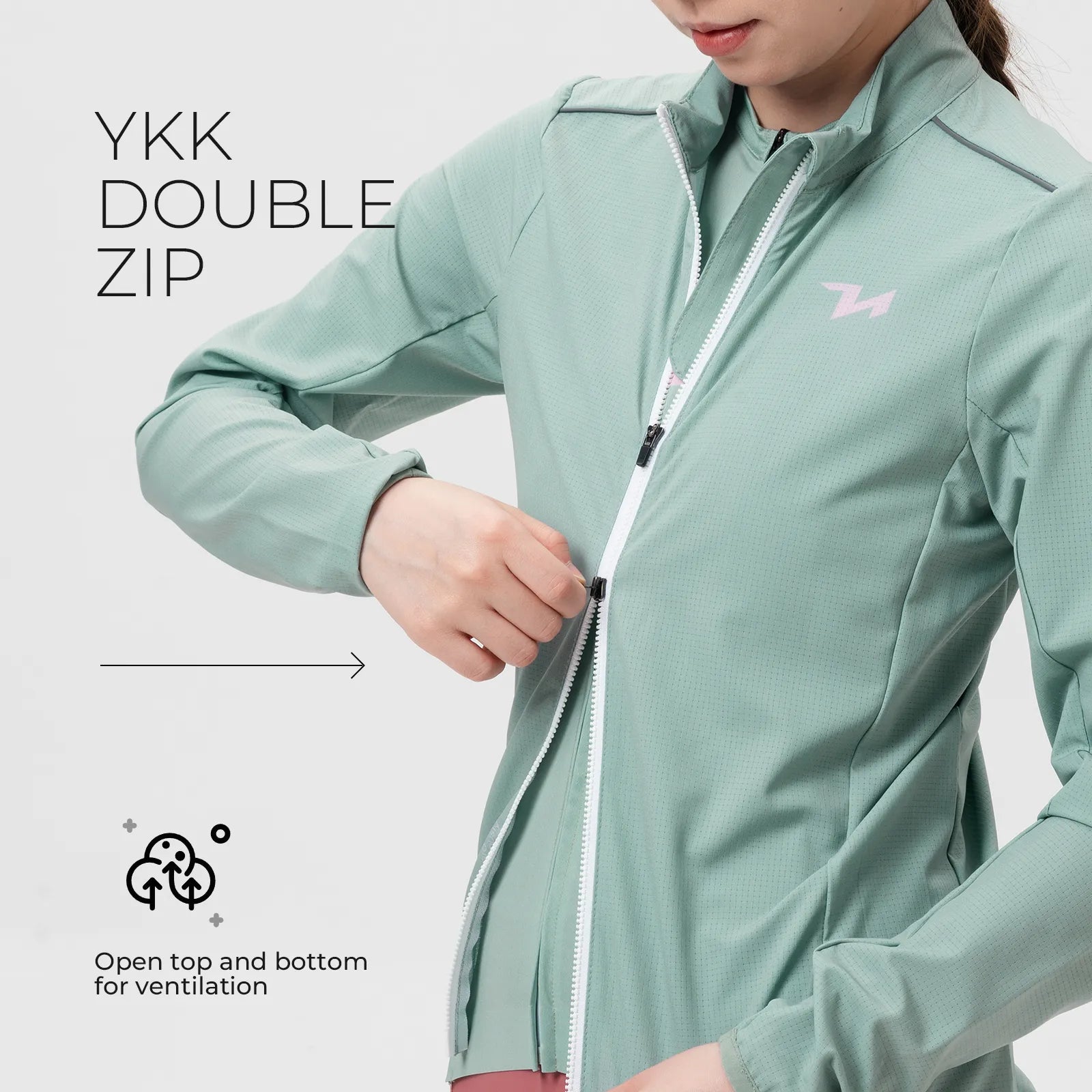 Rockbros TVI women's windproof cycling jacket Future Series in black, front view on model.
#color_light green