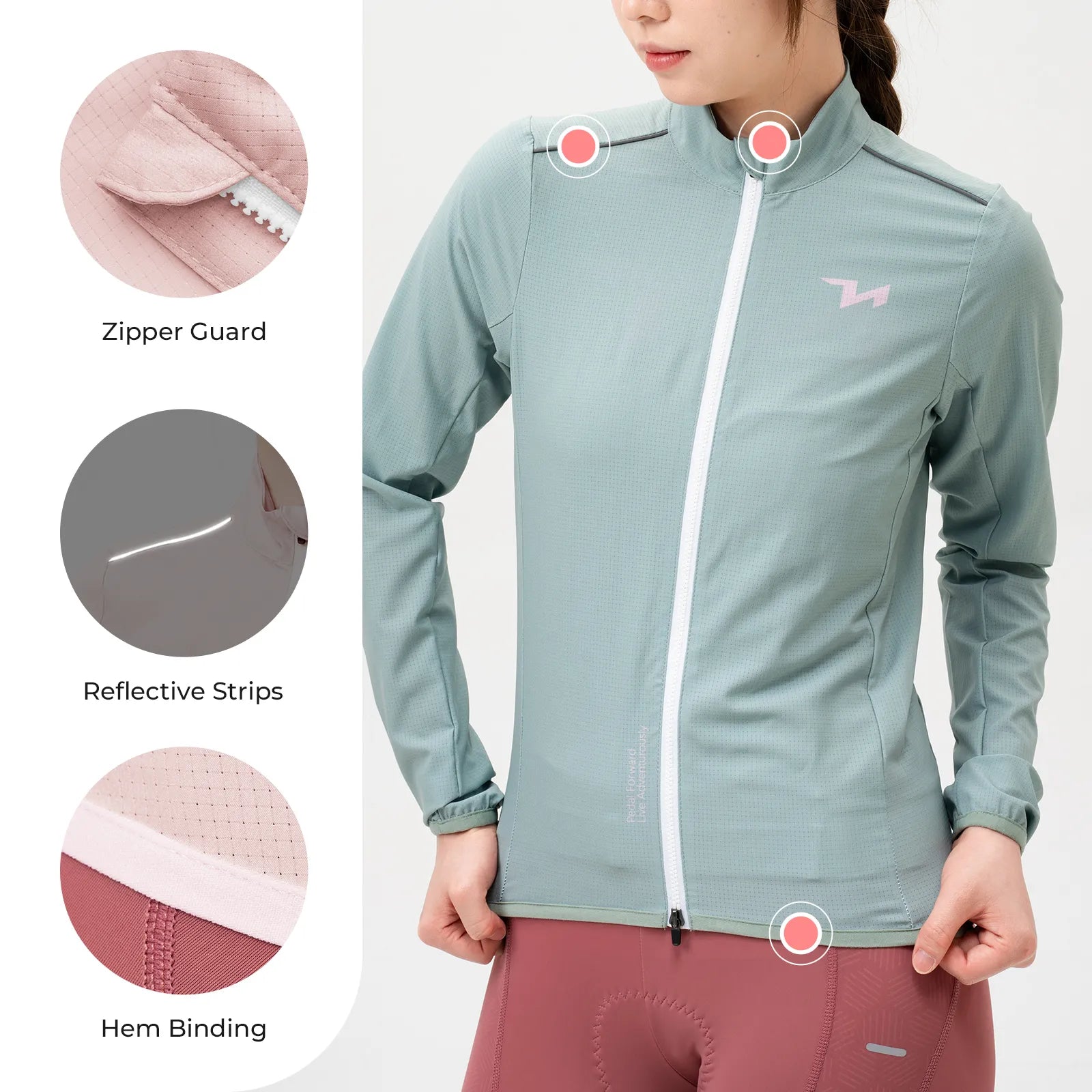 Rockbros TVI women's windproof cycling jacket Future Series in black, front view on model.
#color_light green