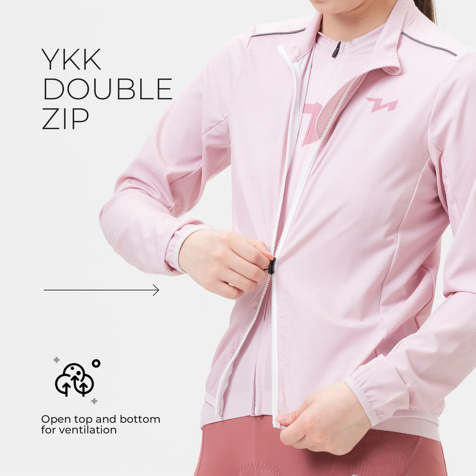 Rockbros TVI women's windproof cycling jacket Future Series in black, front view on model.
#color_pink