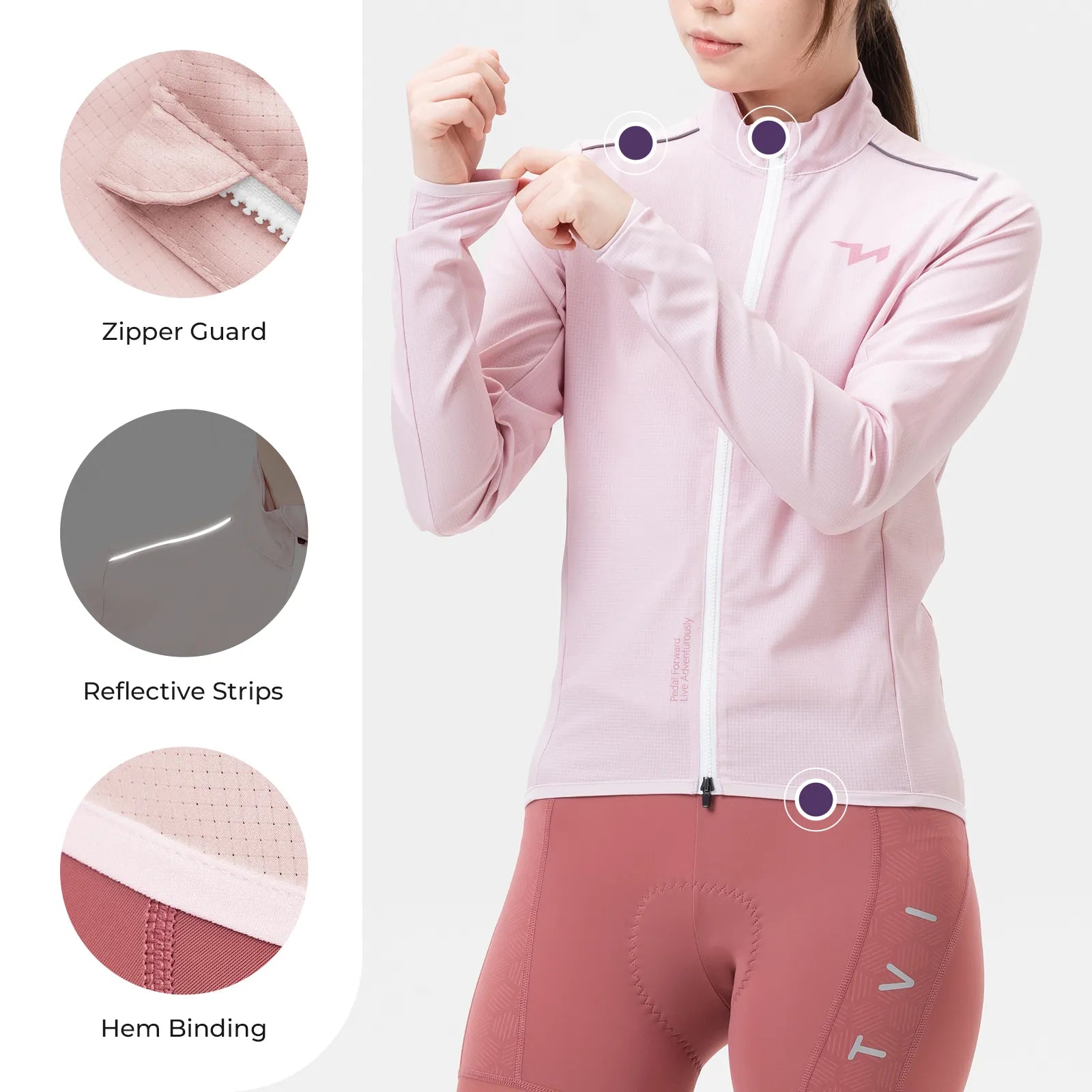 Rockbros TVI women's windproof cycling jacket Future Series in black, front view on model.
#color_pink