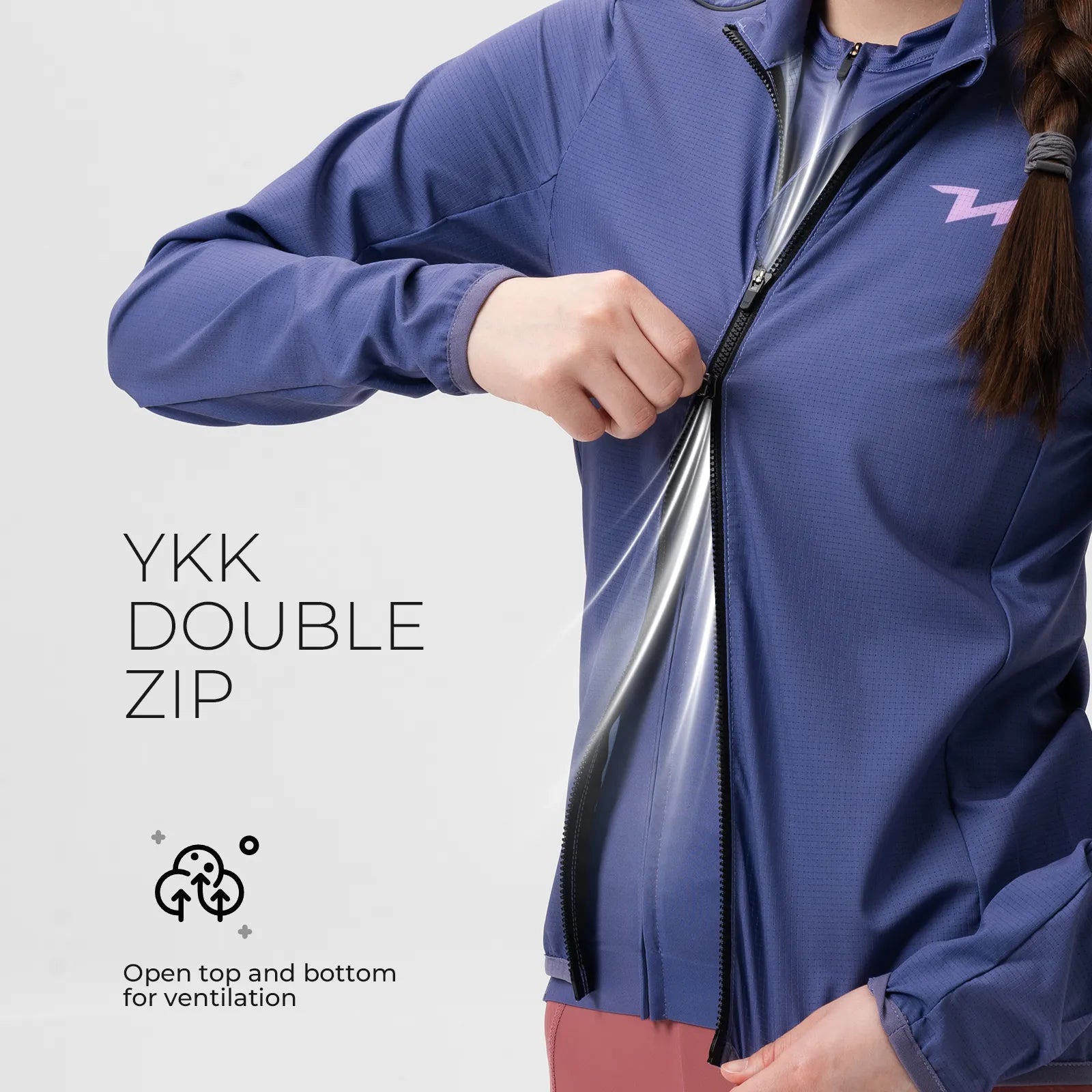 Rockbros TVI women's windproof cycling jacket Future Series in black, front view on model.
#color_purple