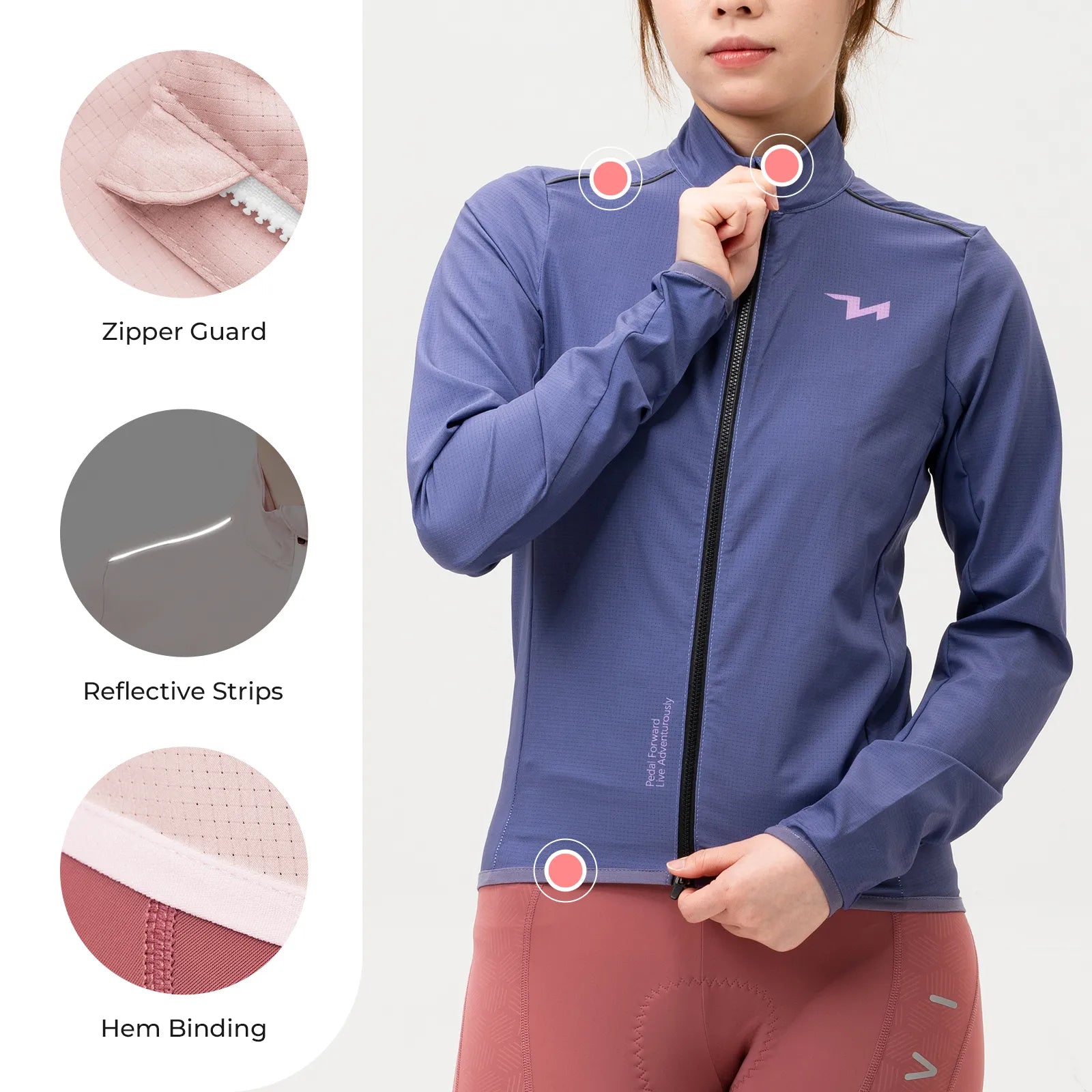 Rockbros TVI women's windproof cycling jacket Future Series in black, front view on model.
#color_purple