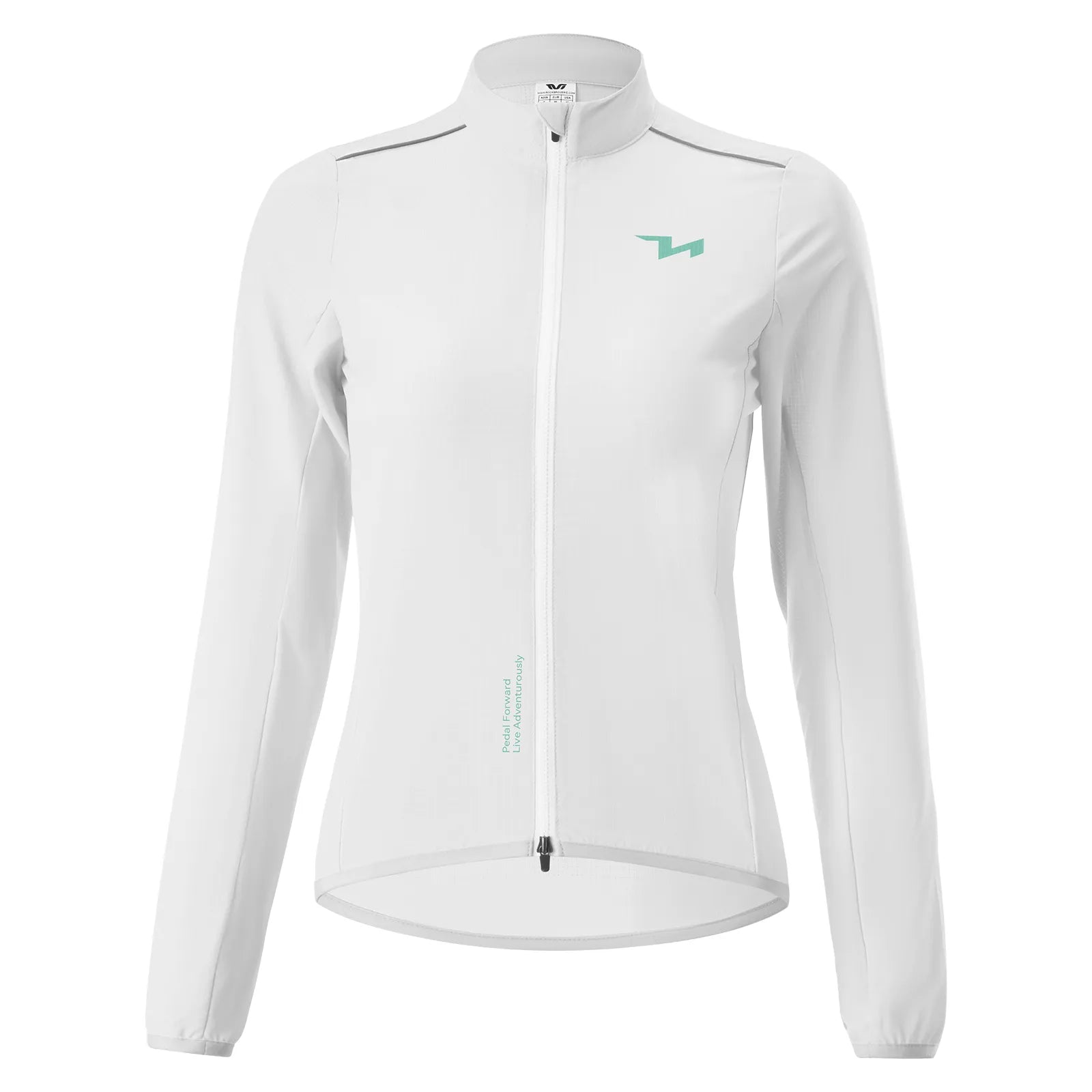 Rockbros TVI women's windproof cycling jacket Future Series in black, front view on model.
#color_white