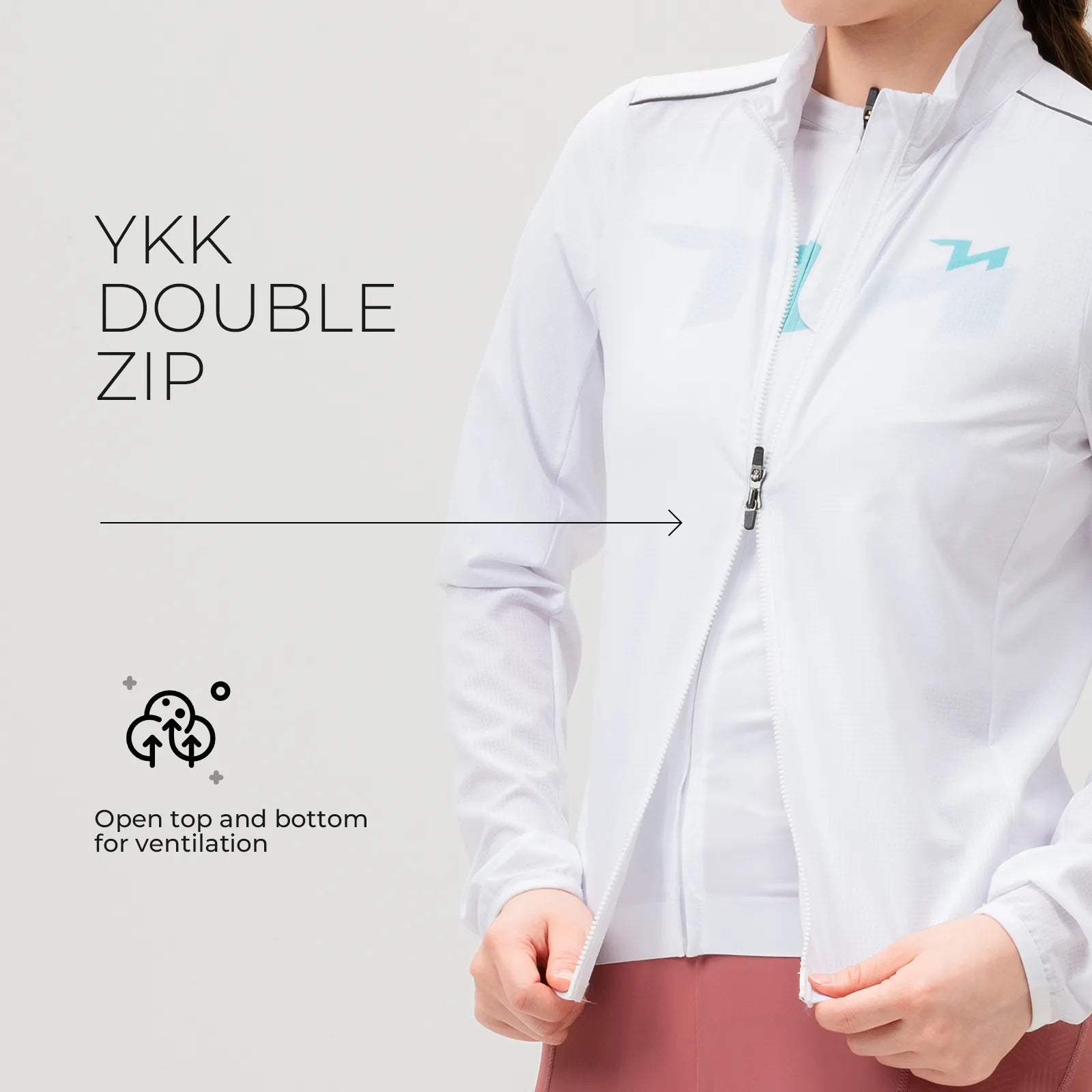Rockbros TVI women's windproof cycling jacket Future Series in black, front view on model.
#color_white