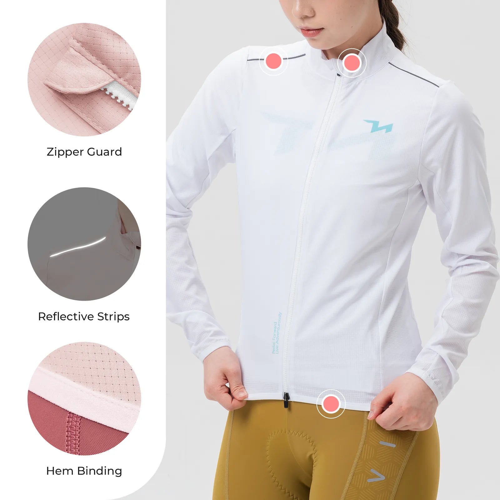 Rockbros TVI women's windproof cycling jacket Future Series in black, front view on model.
#color_white