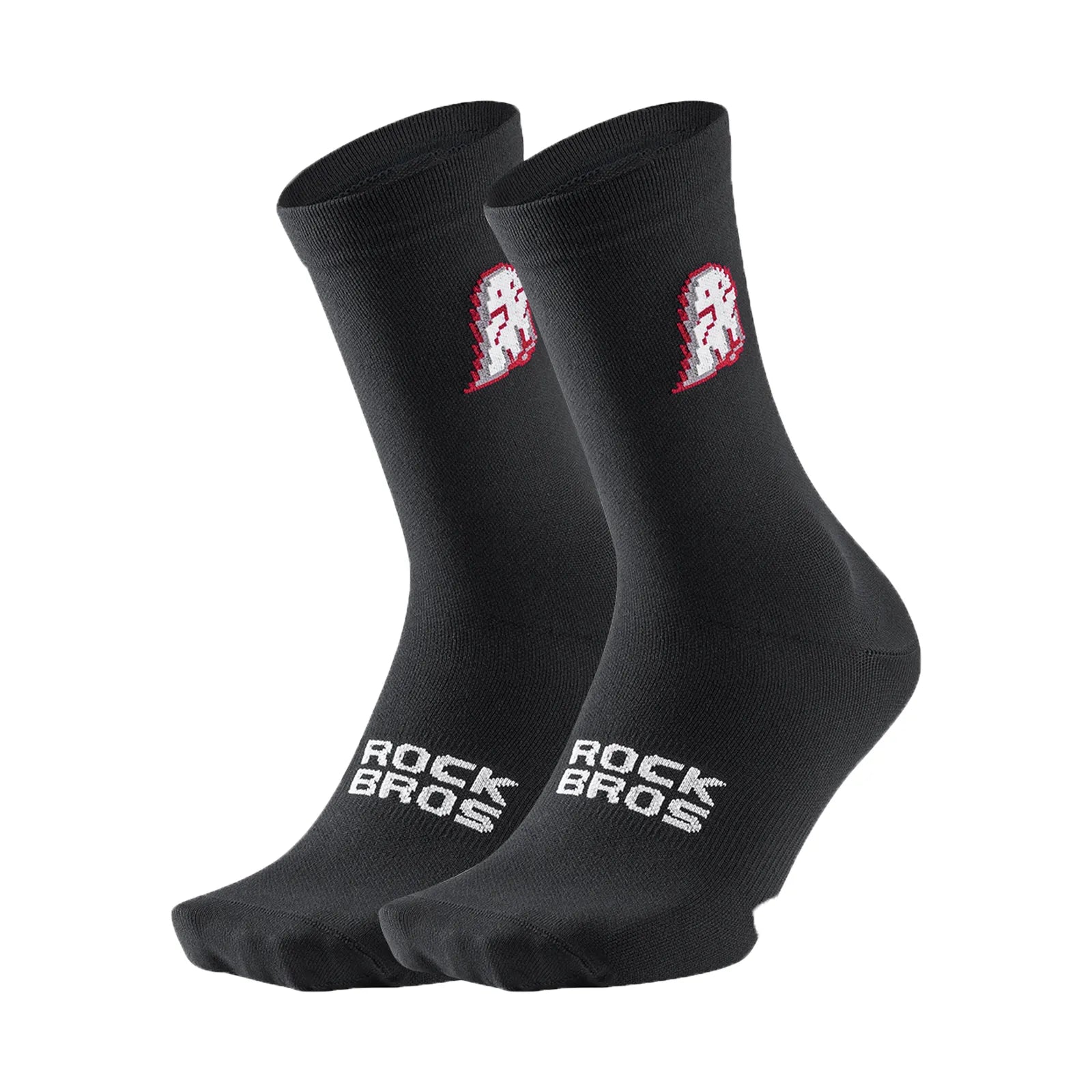 Side view of ROCKBROS black and white ghost print breathable mesh cycling socks on feet.
#color_black