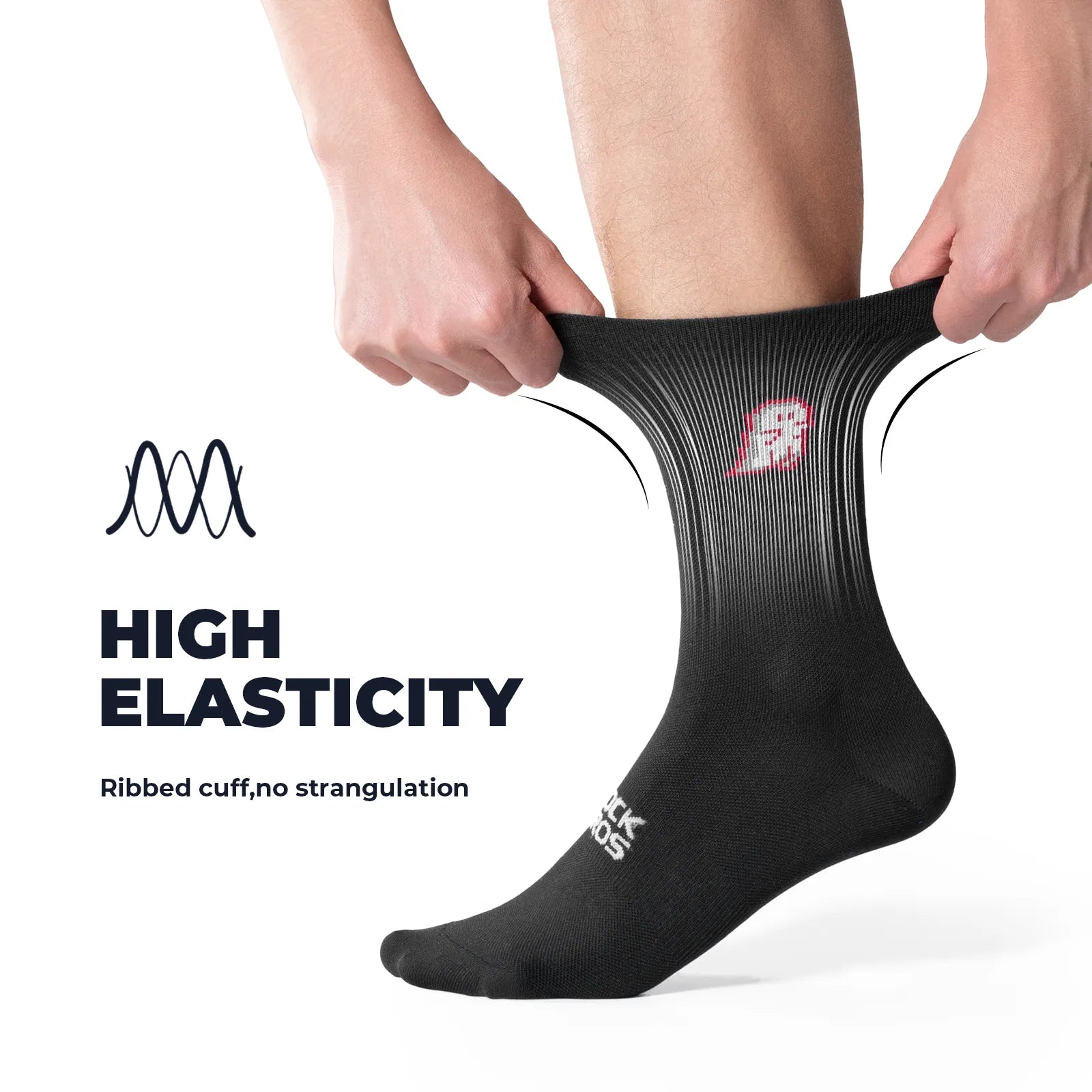 Side view of ROCKBROS black and white ghost print breathable mesh cycling socks on feet.
#color_black