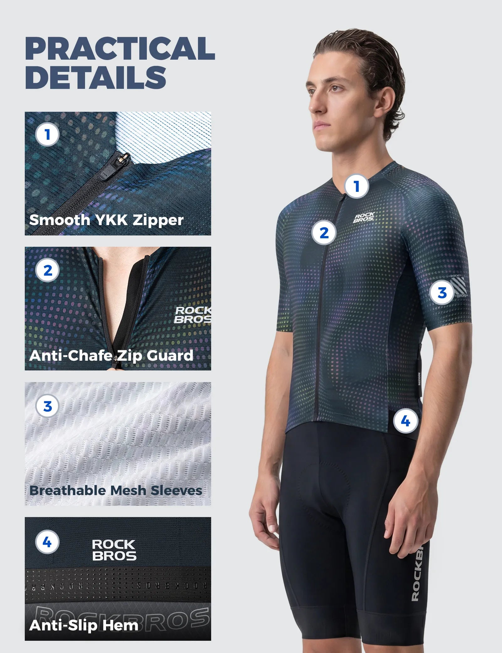 ROCKBROS Men's Velocity Series short sleeve cycling jersey front view in breathable moisture-wicking fabric