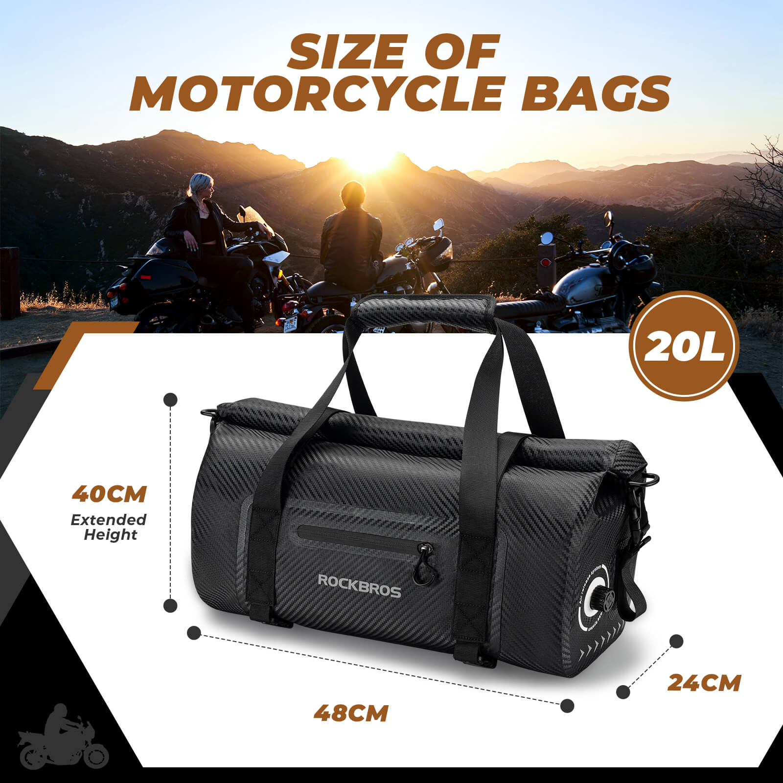 ROCKBROS waterproof motorcycle tail bag for rear seat storage.
#size_20L 48*24*40cm