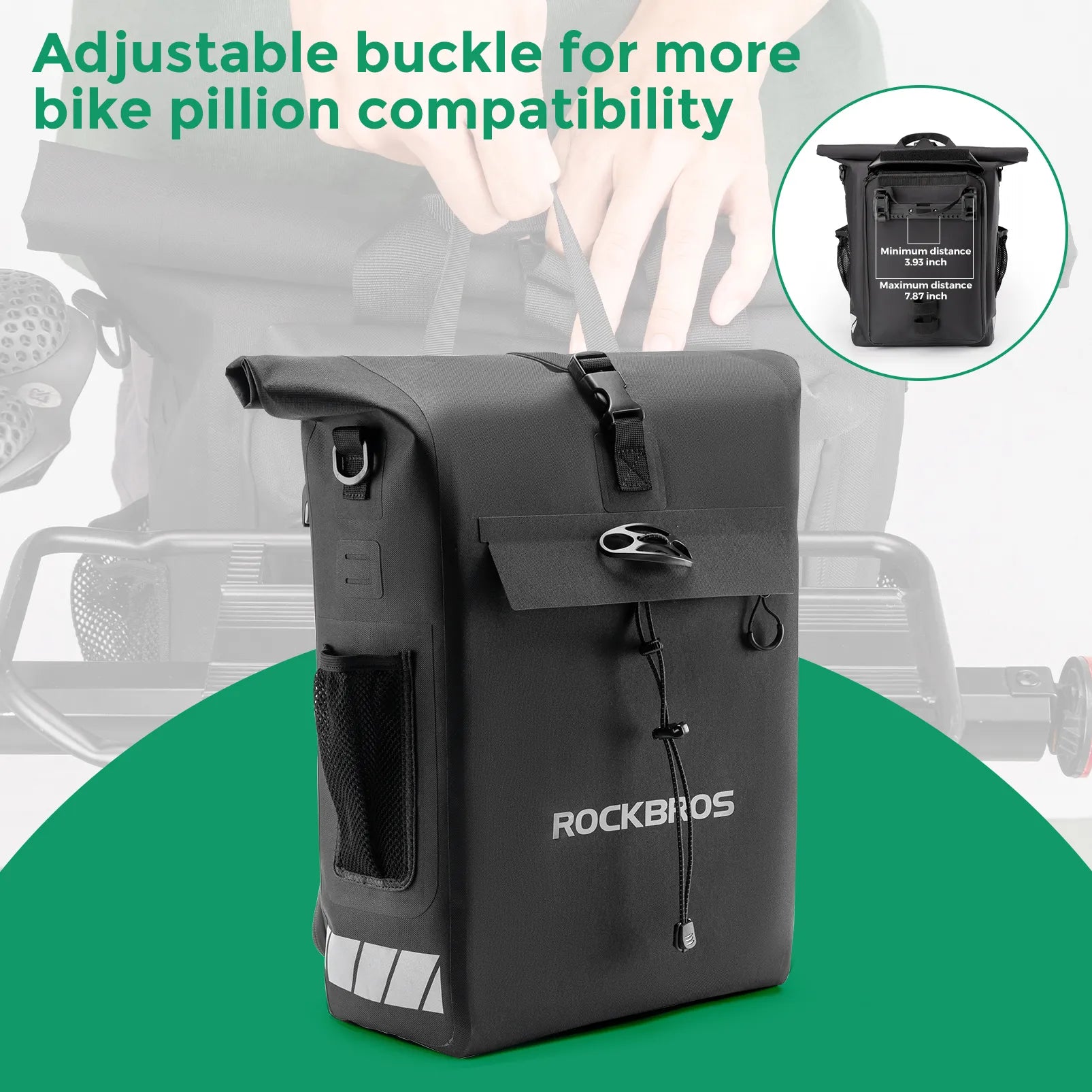 Rockbros 18L waterproof bike pannier bag in black with roll top closure mounted on rear rack