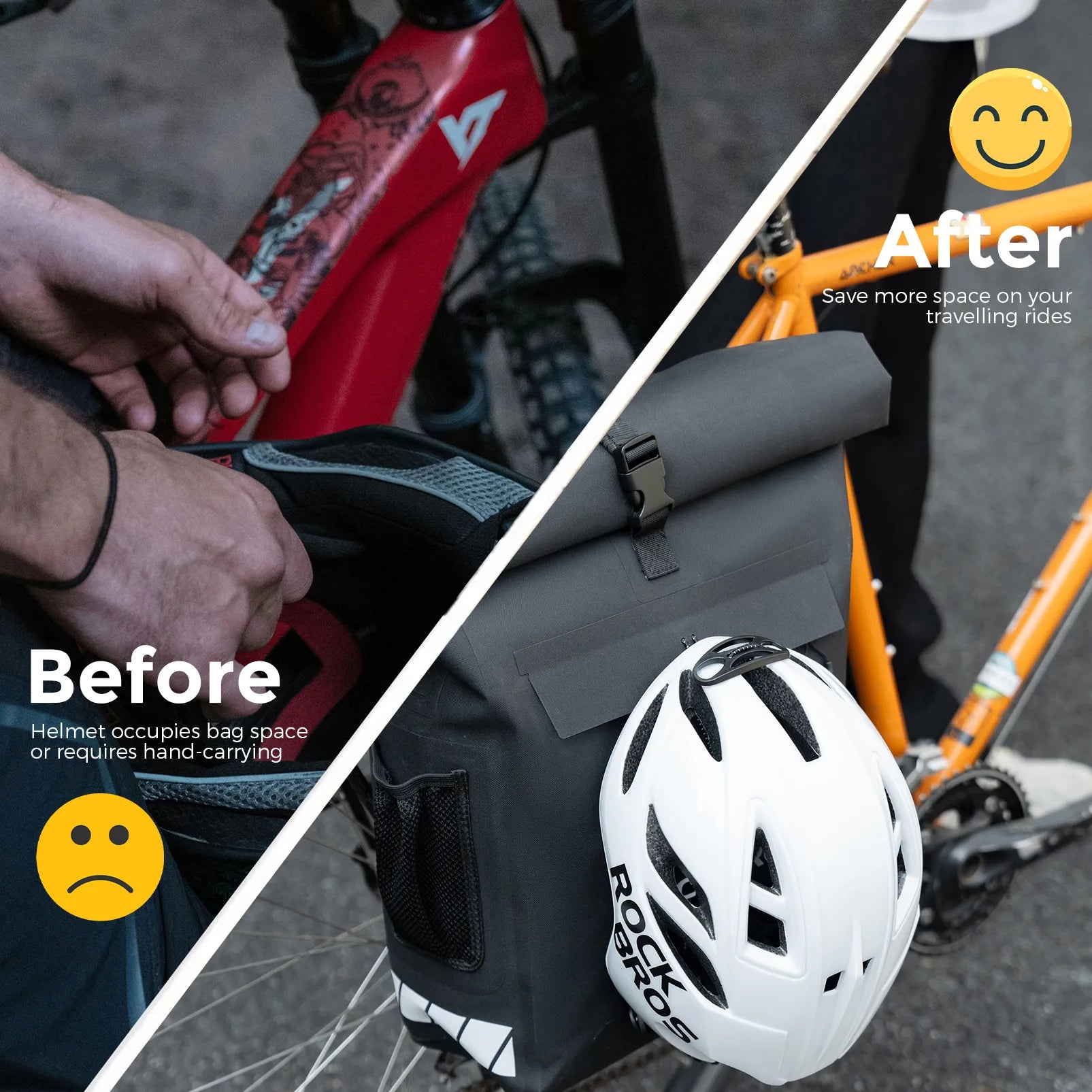Rockbros 18L waterproof bike pannier bag in black with roll top closure mounted on rear rack