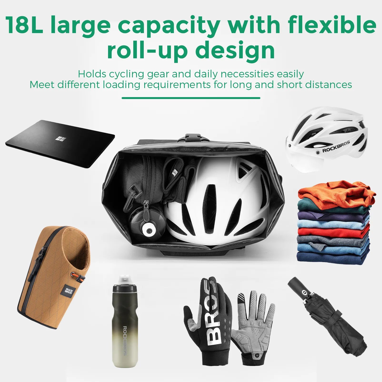 Rockbros 18L waterproof bike pannier bag in black with roll top closure mounted on rear rack