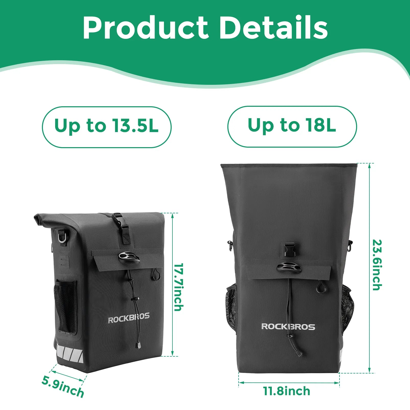 Rockbros 18L waterproof bike pannier bag in black with roll top closure mounted on rear rack