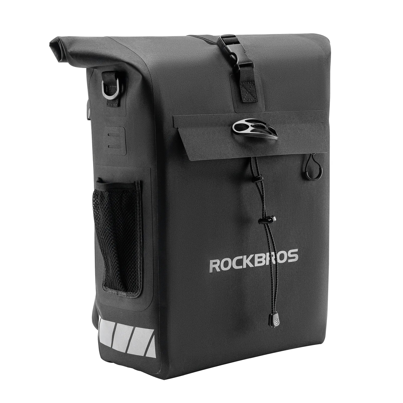 Rockbros 18L waterproof bike pannier bag in black with roll top closure mounted on rear rack