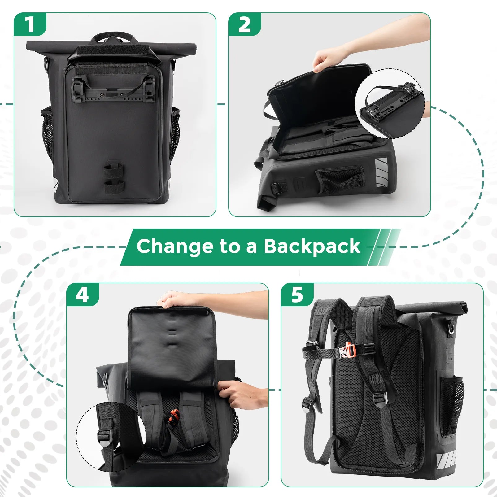 Rockbros 18L waterproof bike pannier bag in black with roll top closure mounted on rear rack