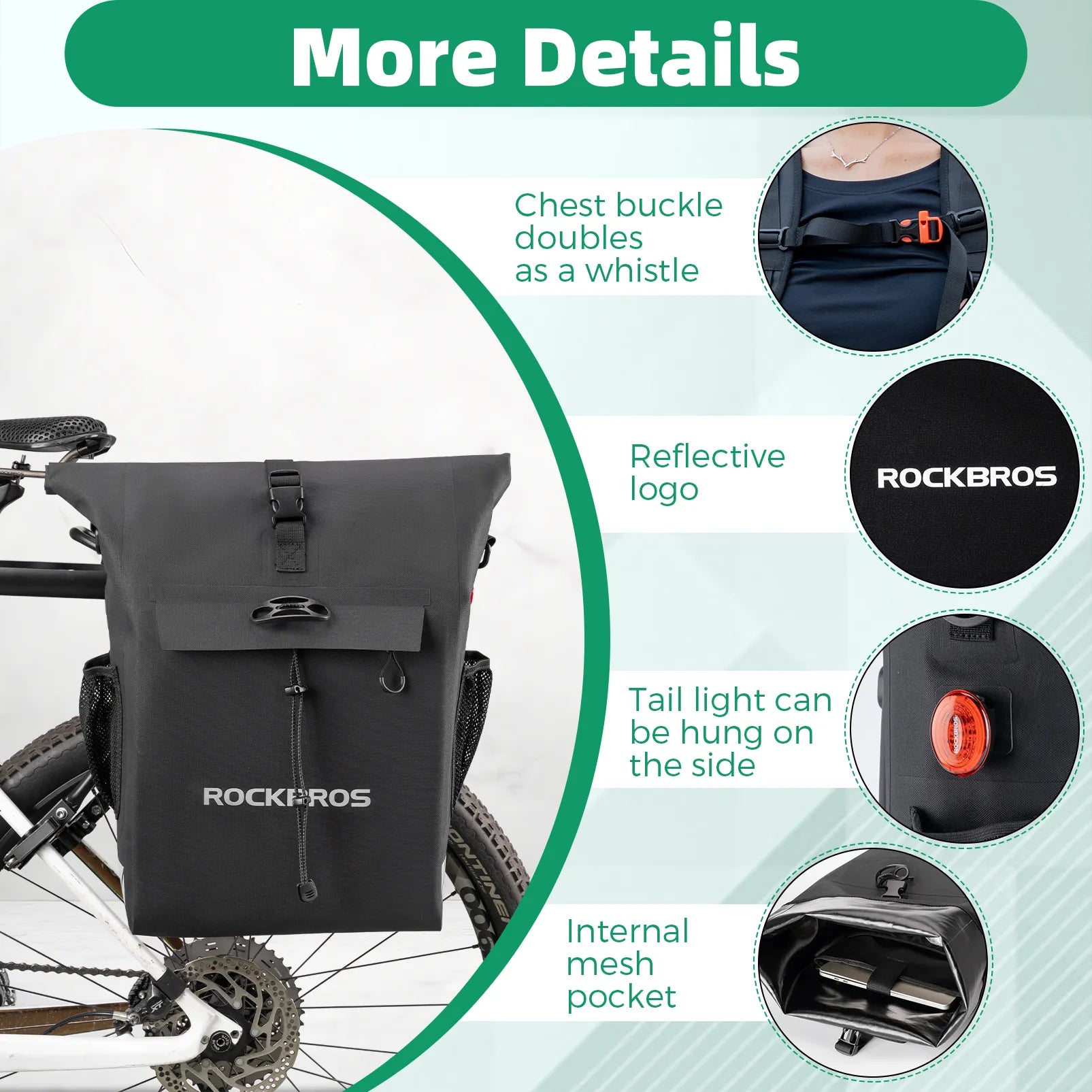 Rockbros 18L waterproof bike pannier bag in black with roll top closure mounted on rear rack