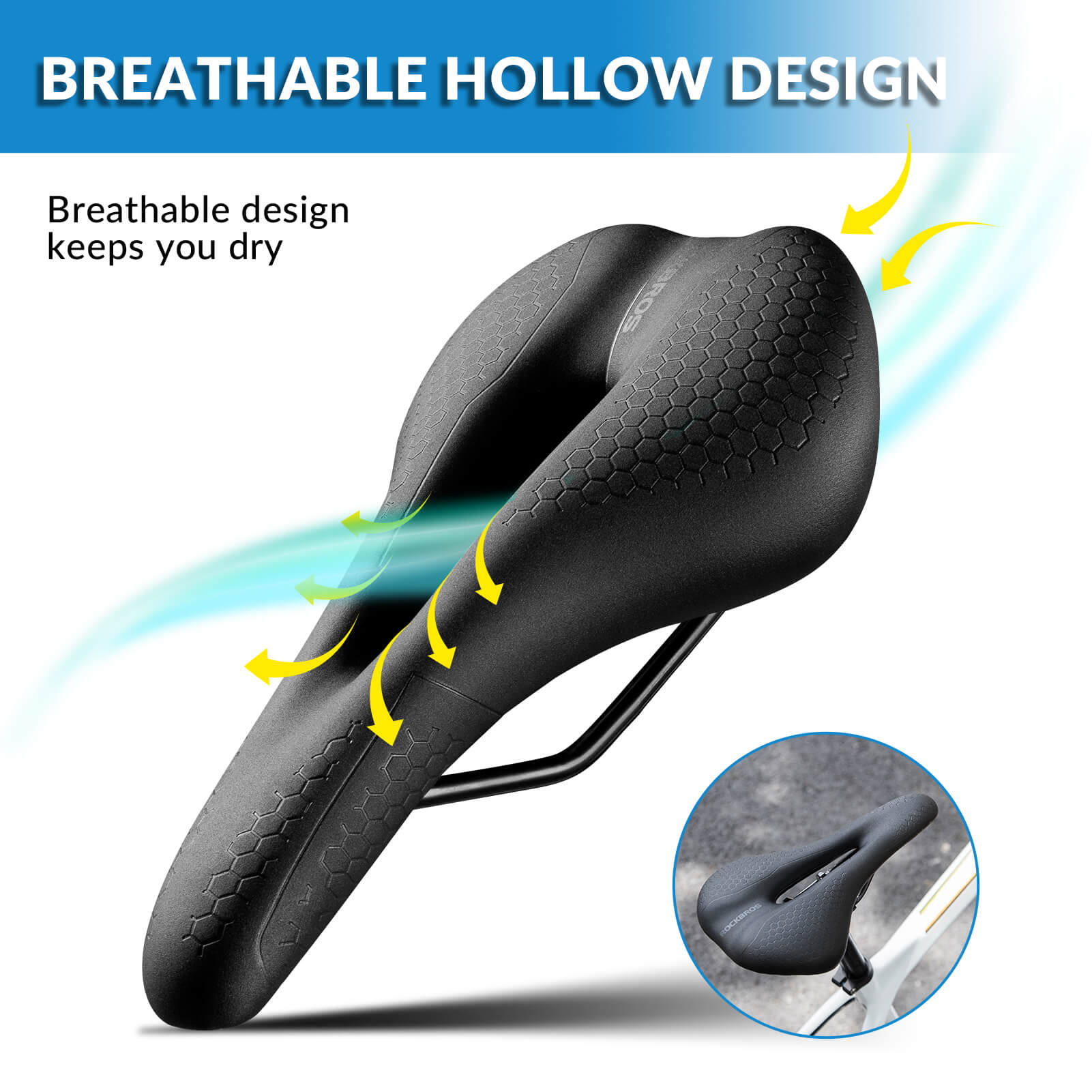 ROCKBROS waterproof hollow bike saddle for mountain biking comfort.
#size_small